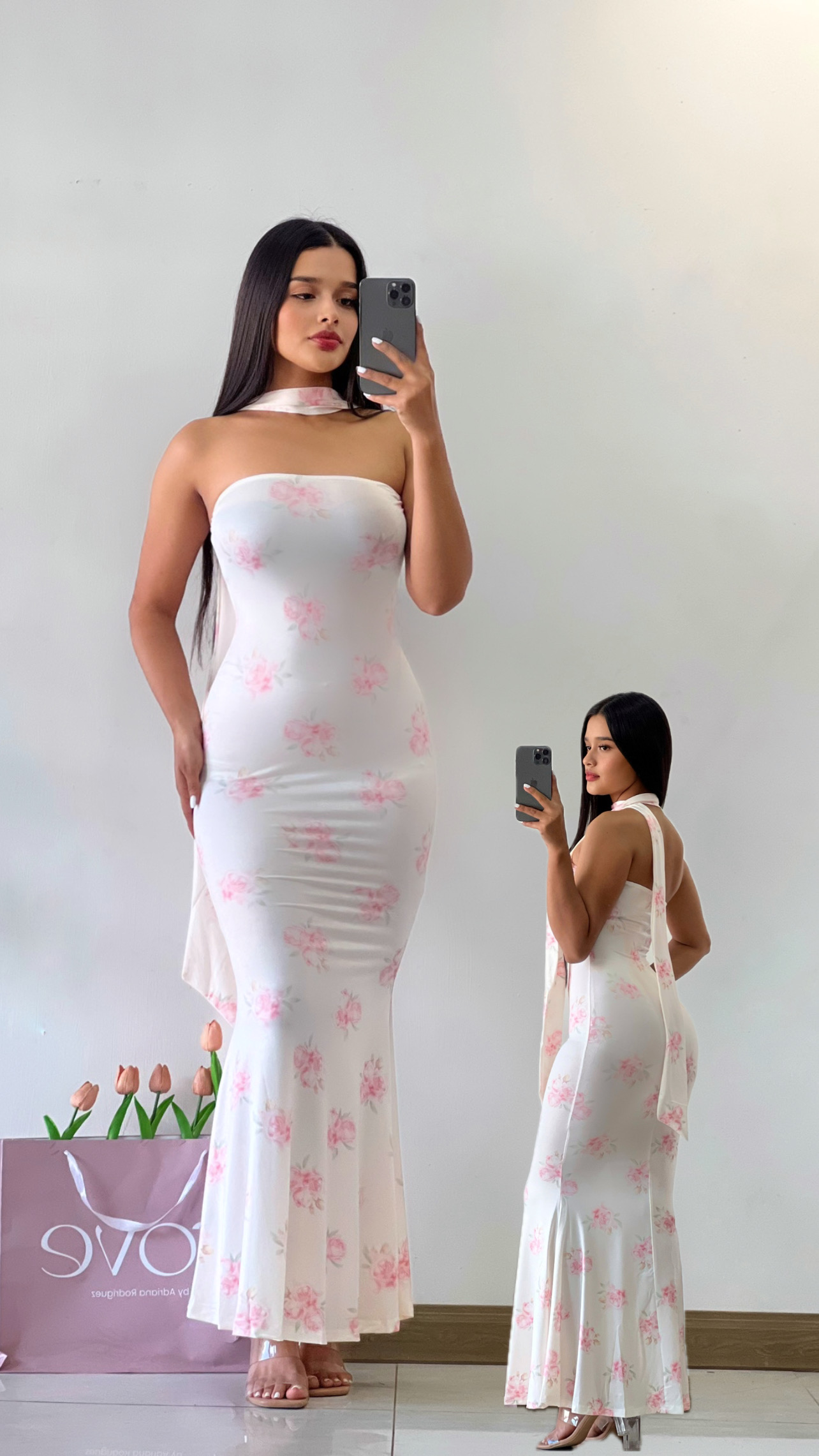 Vestido largo blanco con estampado y scarf