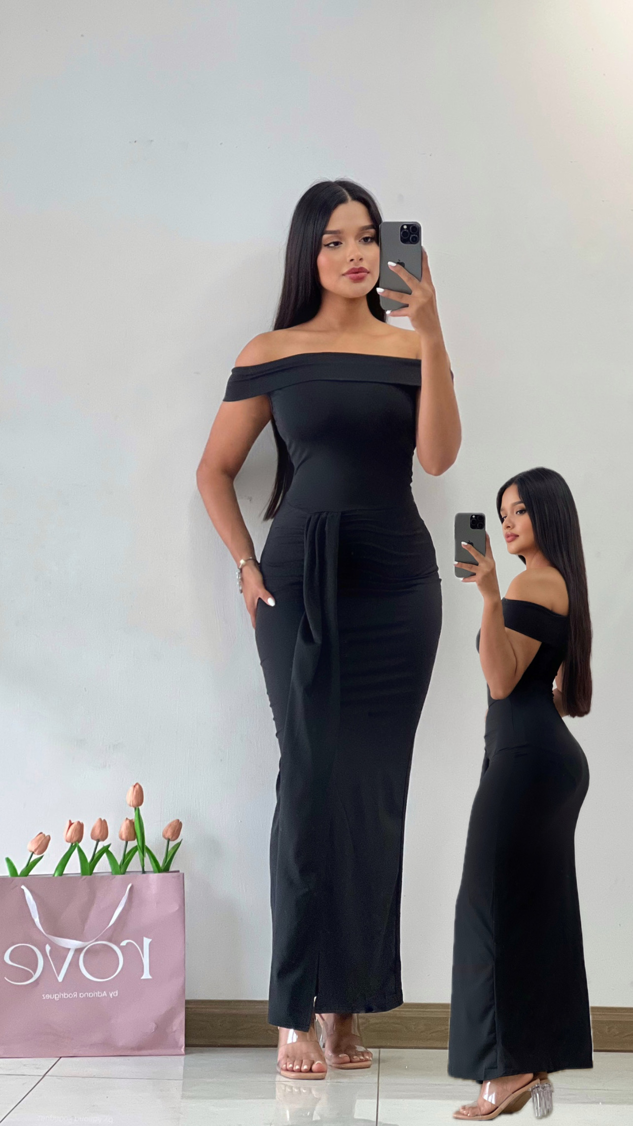 Vestido de gala off shoulder con lazo negro