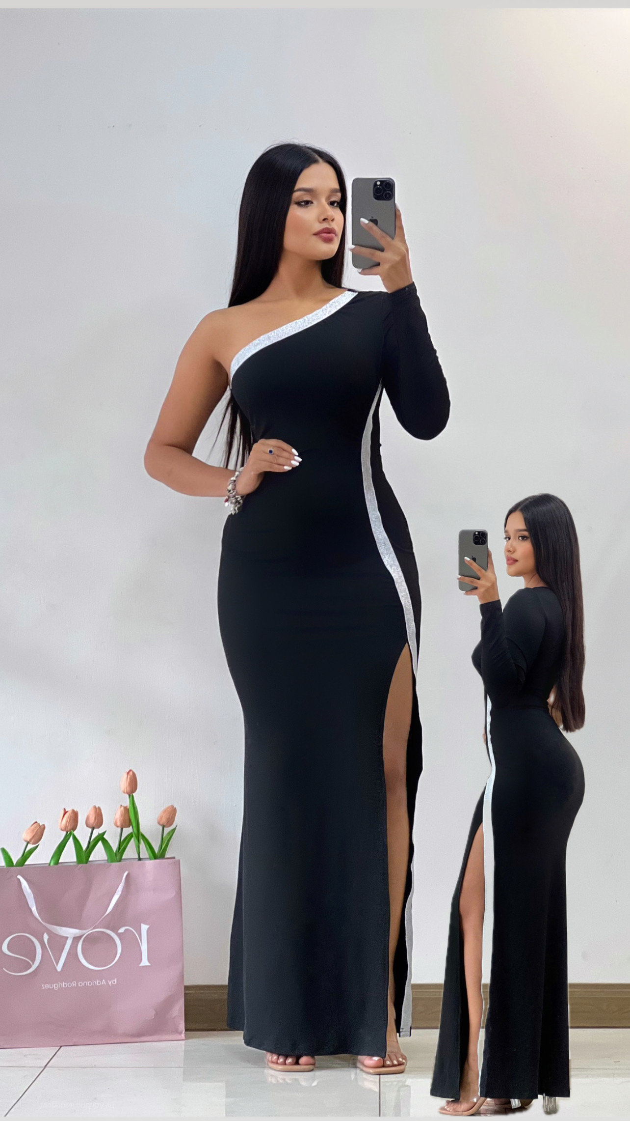 Vestido de gala  de una manga con detalles plateados