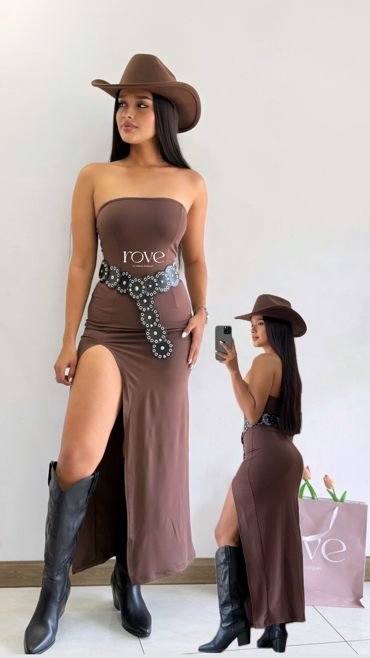 Vestido largo strapless con abertura frontal cafe