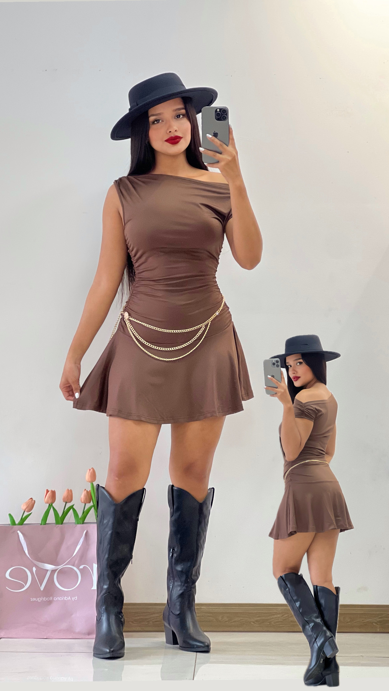 Vestido corto café (no incluye faja)