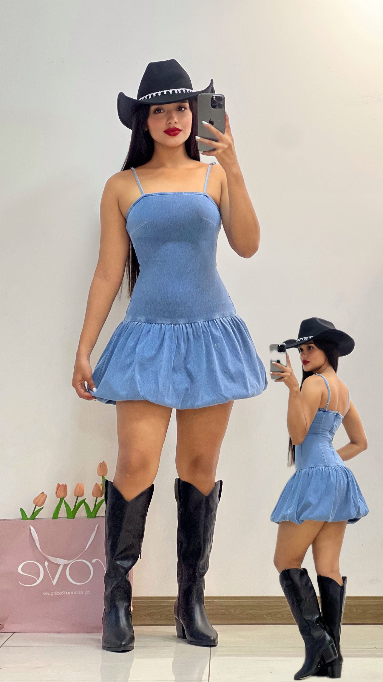 Vestido corto efecto globo denim