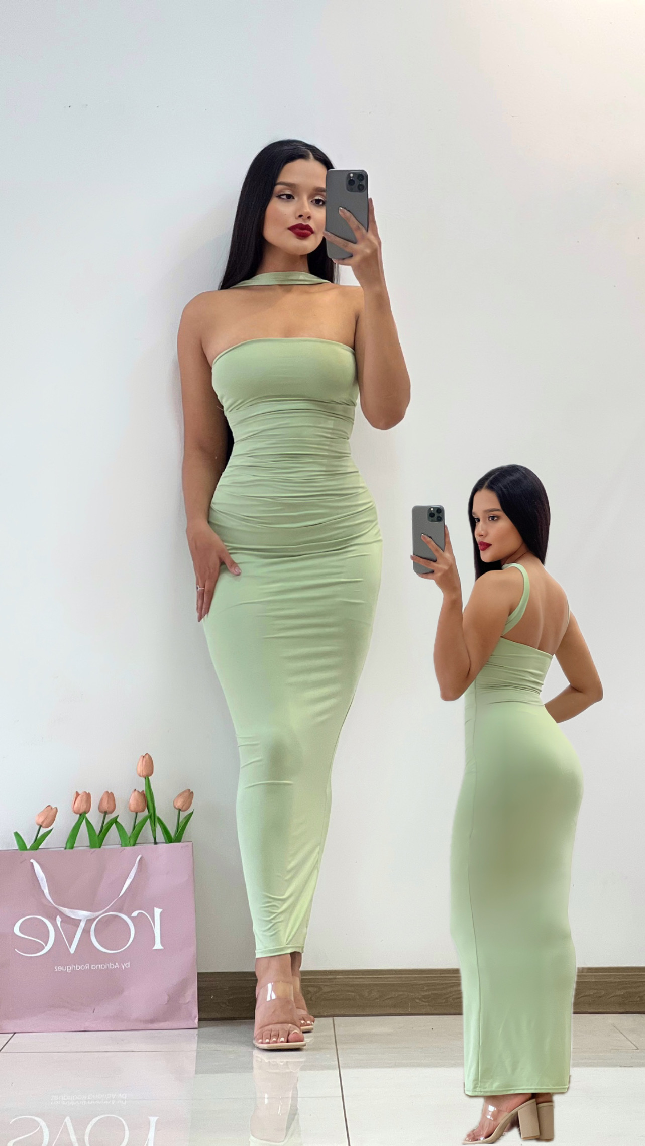 Vestido de gala con Choker verde tierno