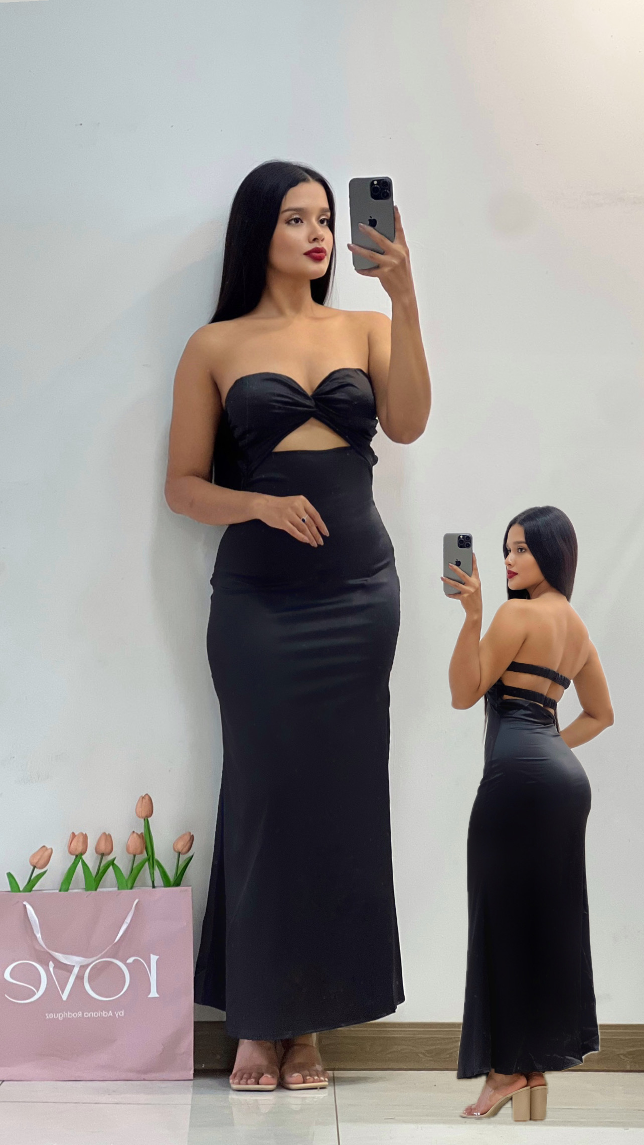Vestido de gala strapless satén negro