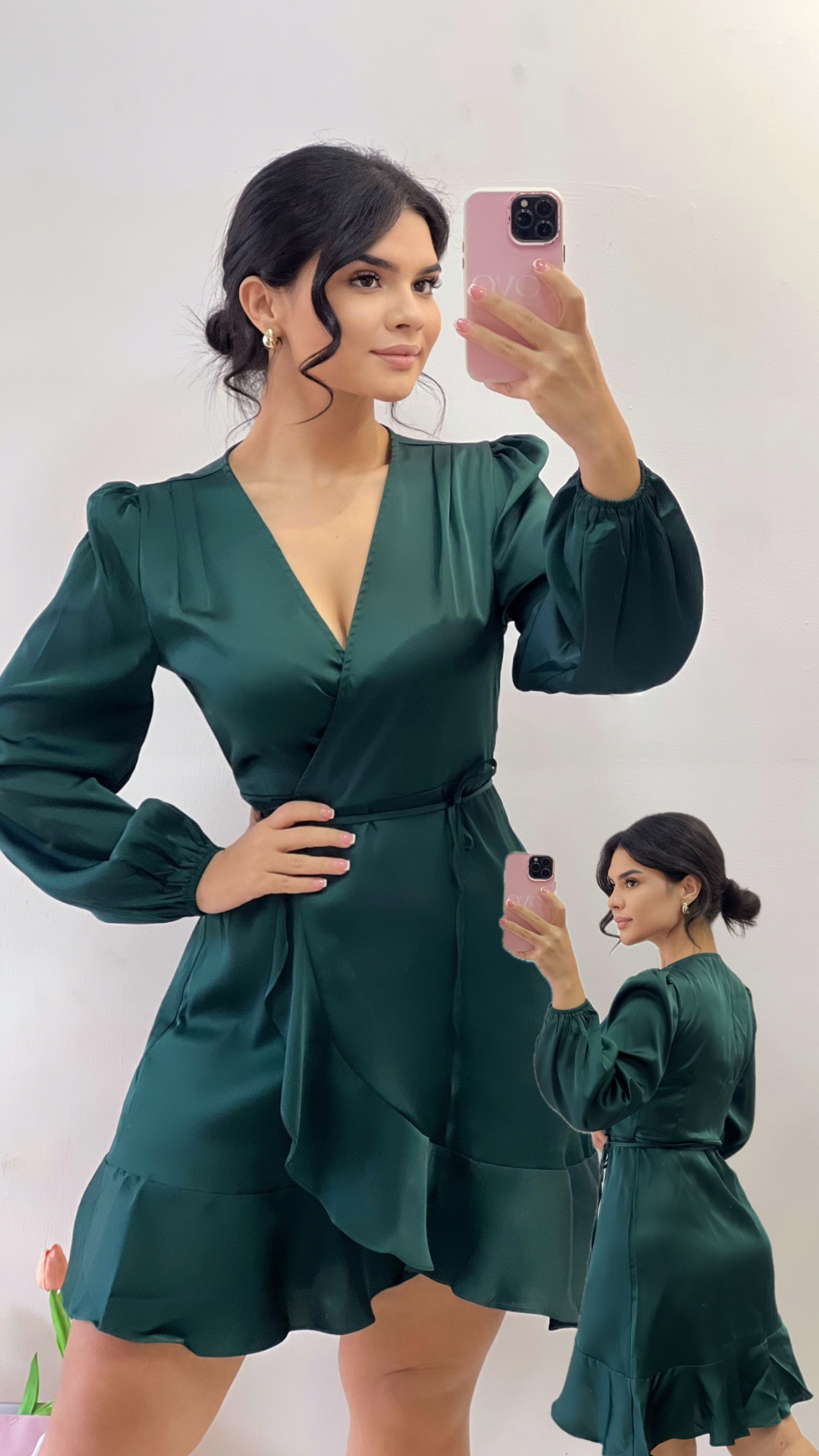 Vestido corto traslapado - verde satén