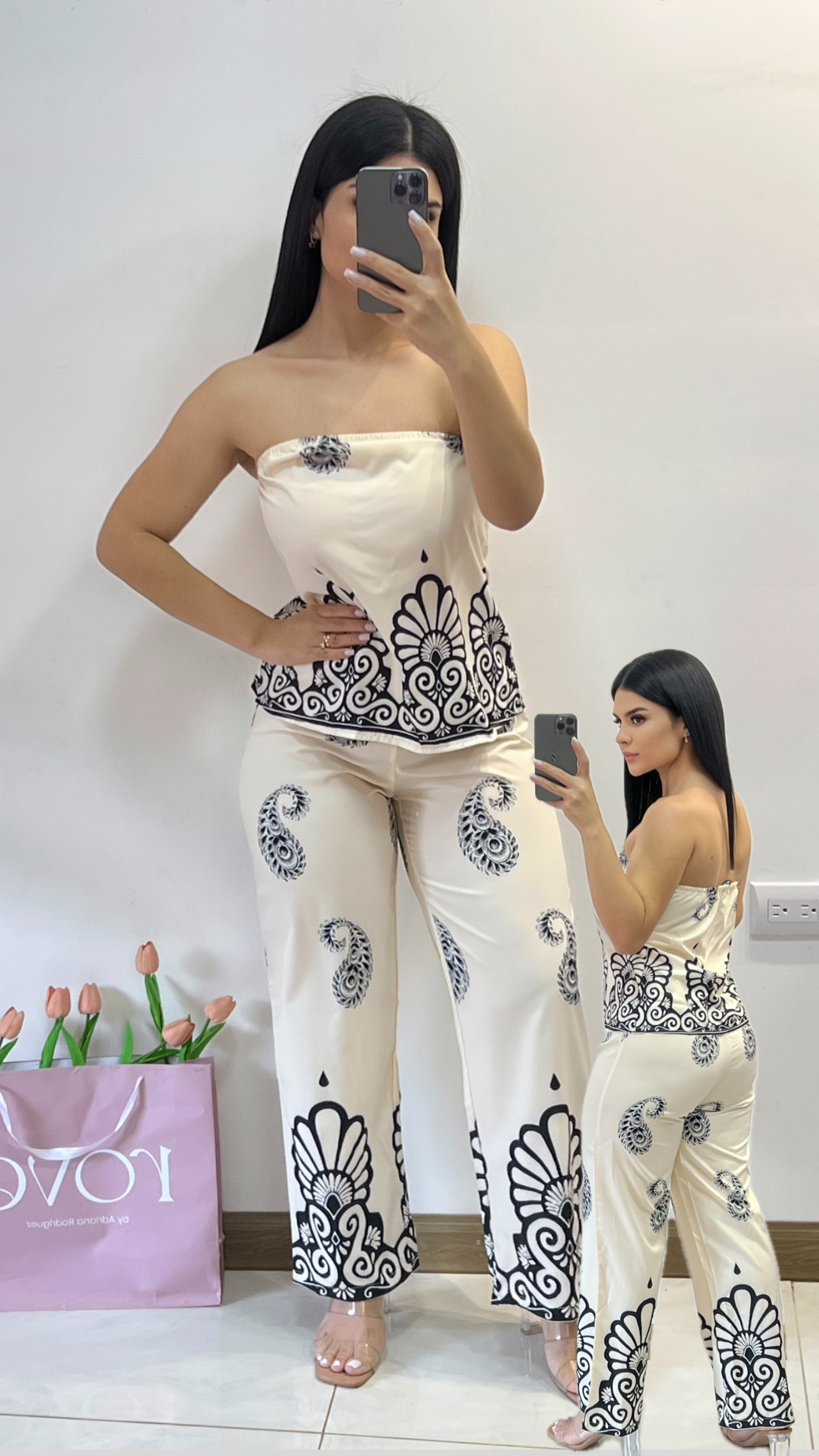 Conjunto estampado de blusa + palazzo crema