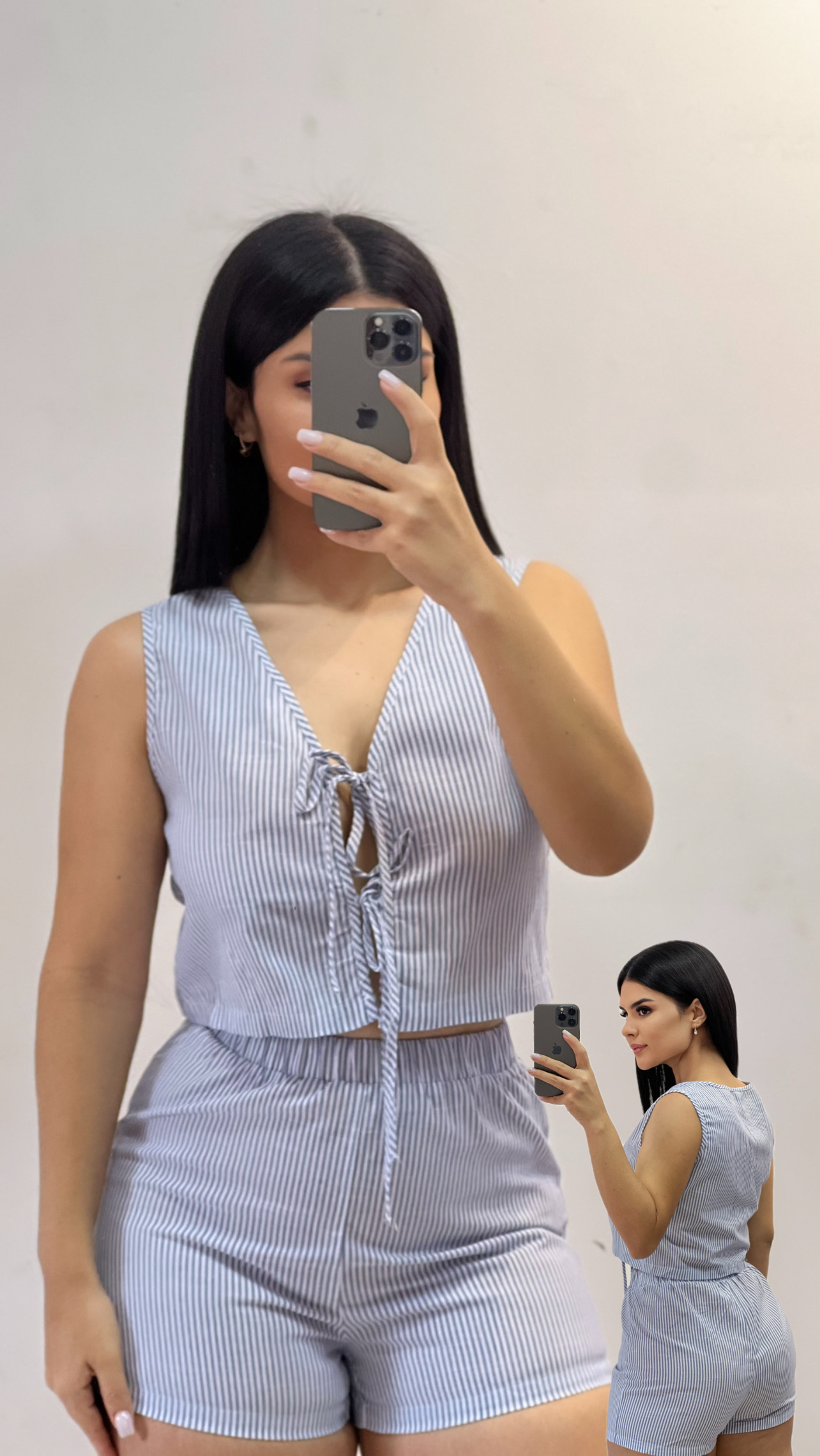 Conjunto chaleco + short celeste a rayas