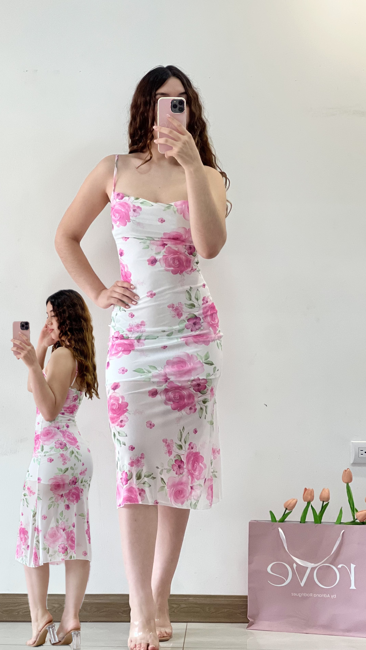 Vestido midi estampado floral rosa - Blanco