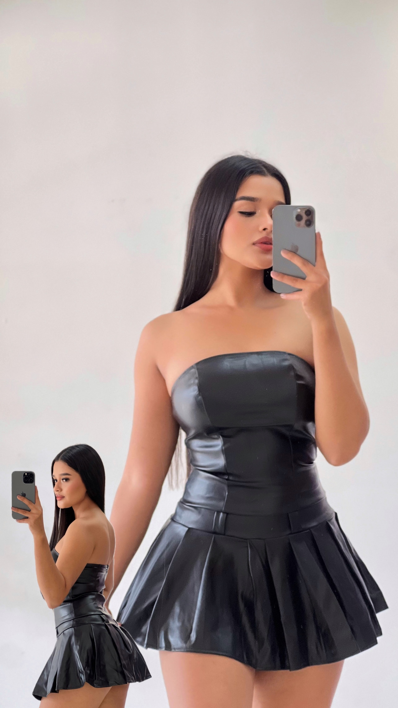 Vestido corto efecto falda plisada cuerina - Negro