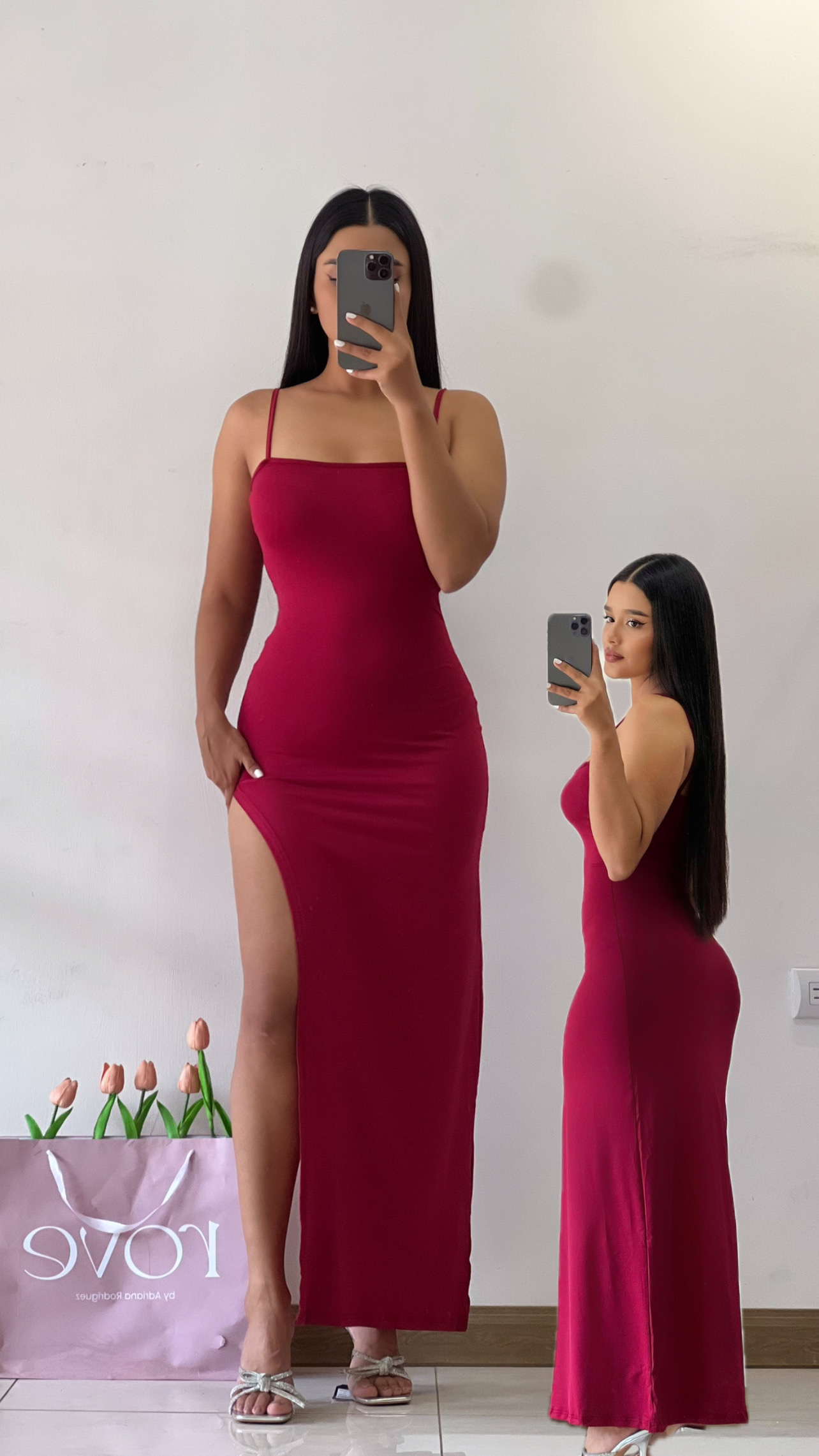 Vestido de gala de tirantes con abertura lateral - Rojo vino