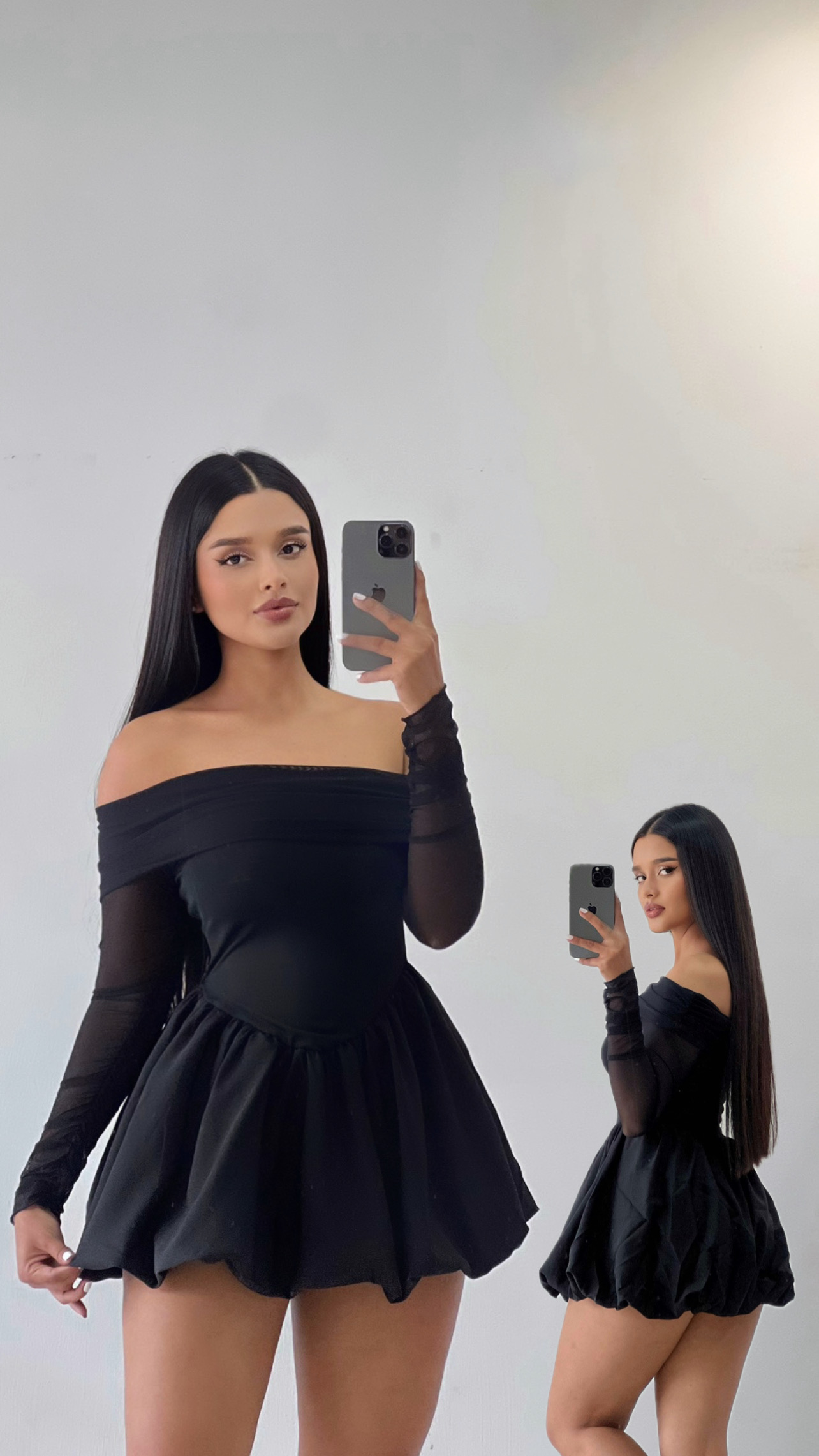 Vestido corto offshoulder falda globo Negro