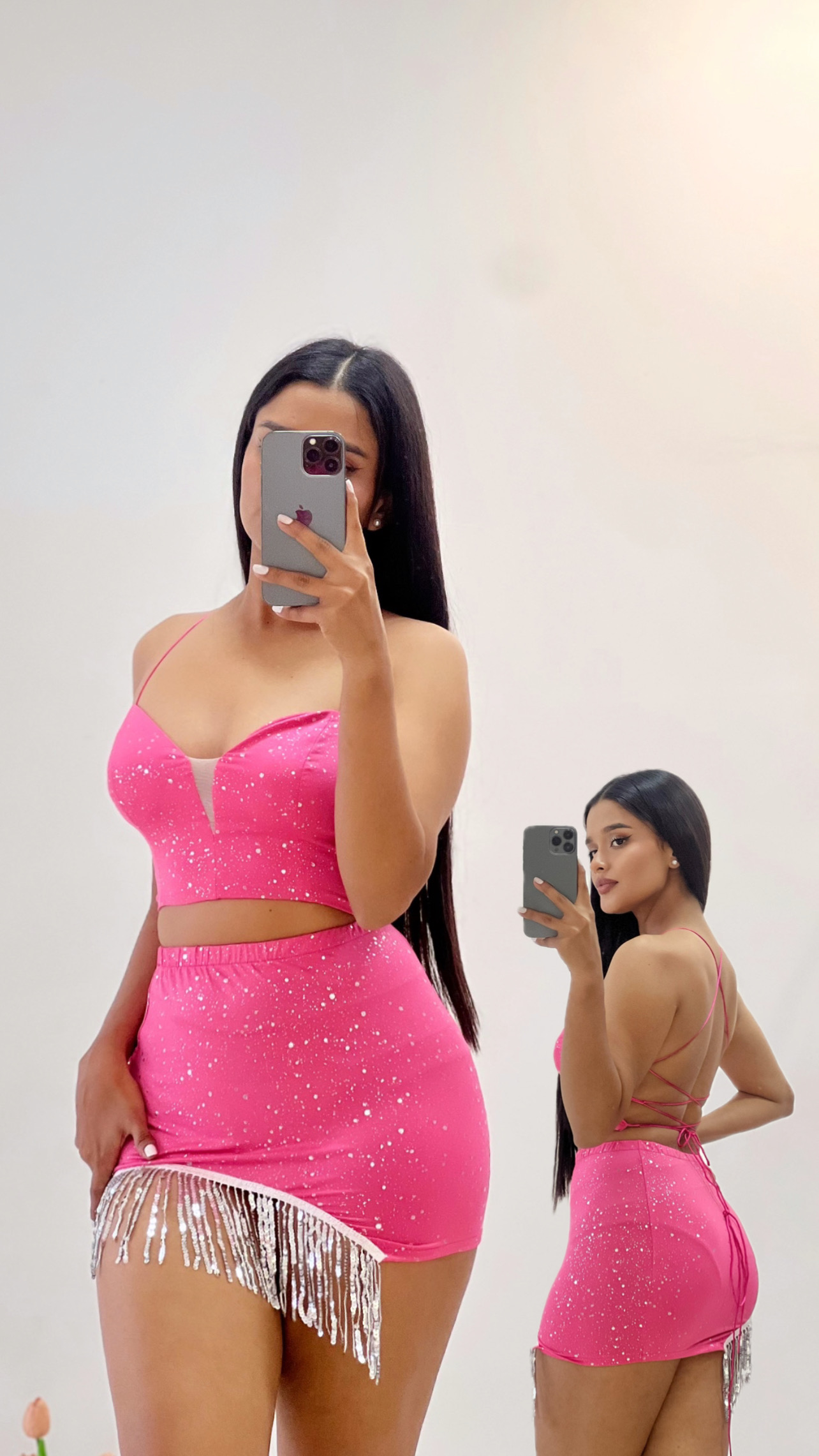 Conjunto de flecos plateados Rosa