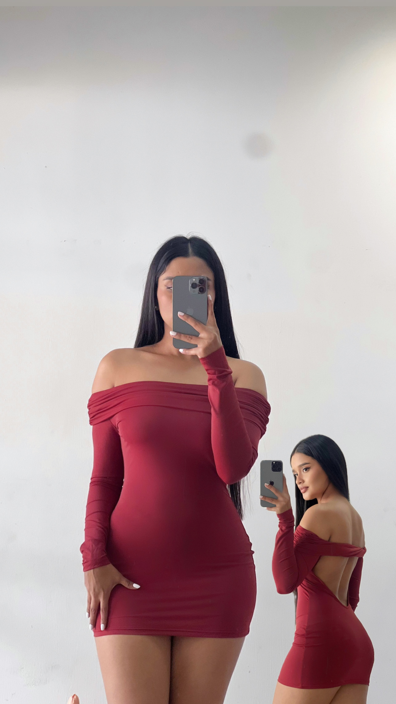 Vestido corto manga larga offshoulder burdeos