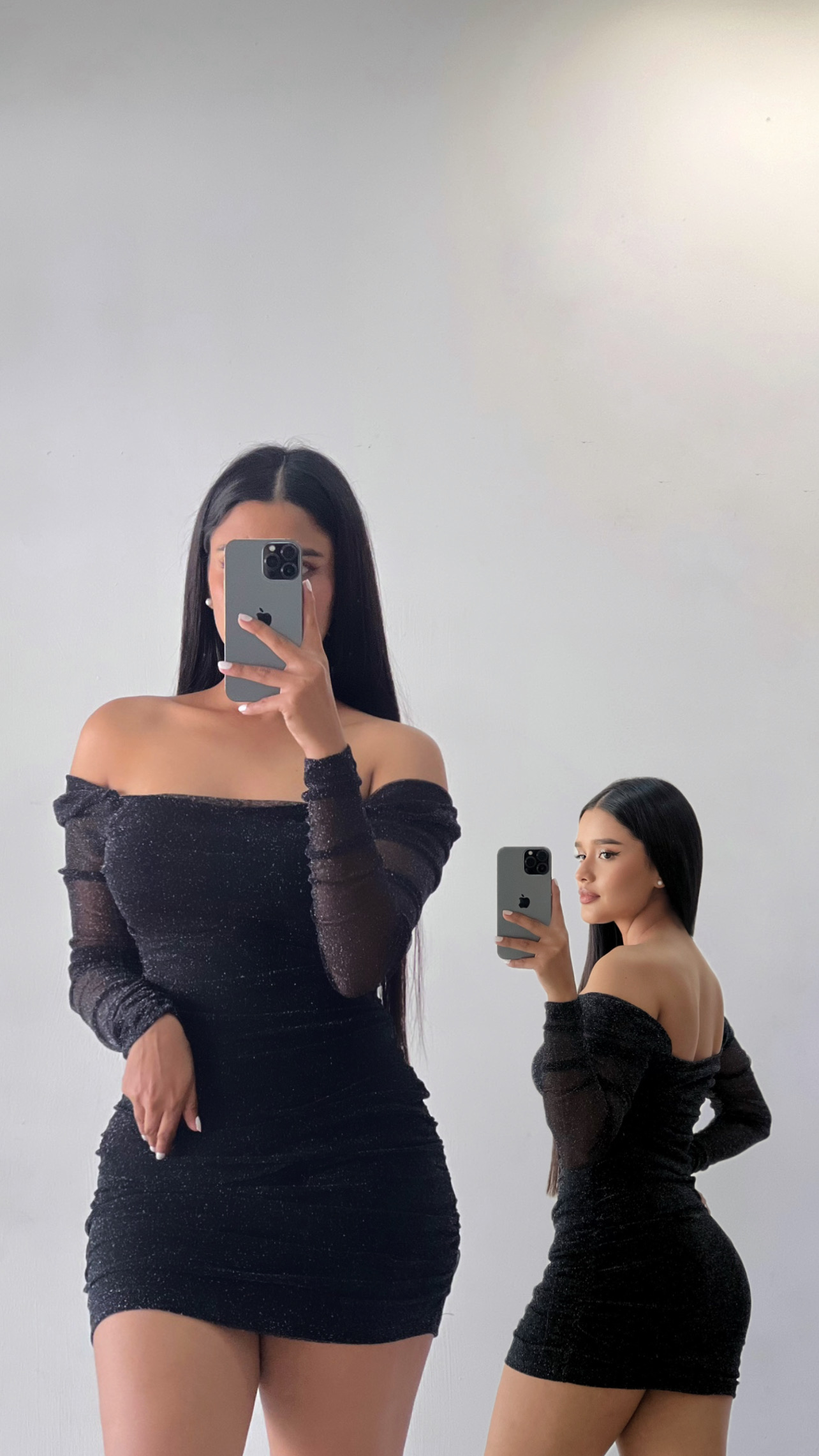 Vestido corto off shoulder con brillos Negro