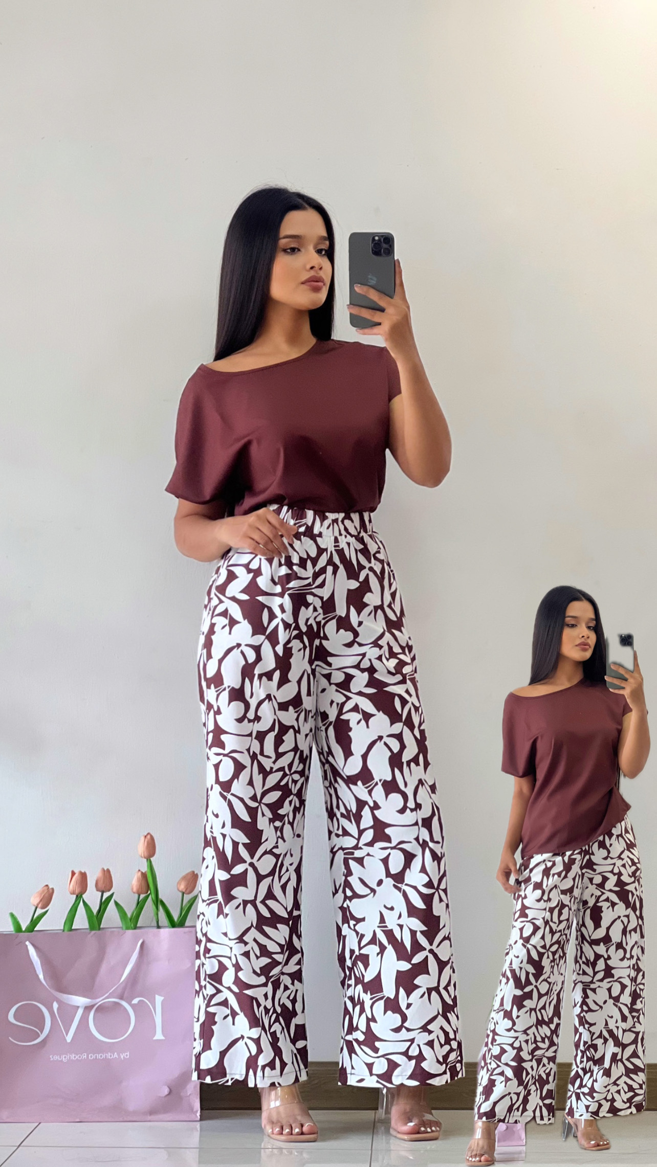 Conjunto blusa con pant estampado cafe