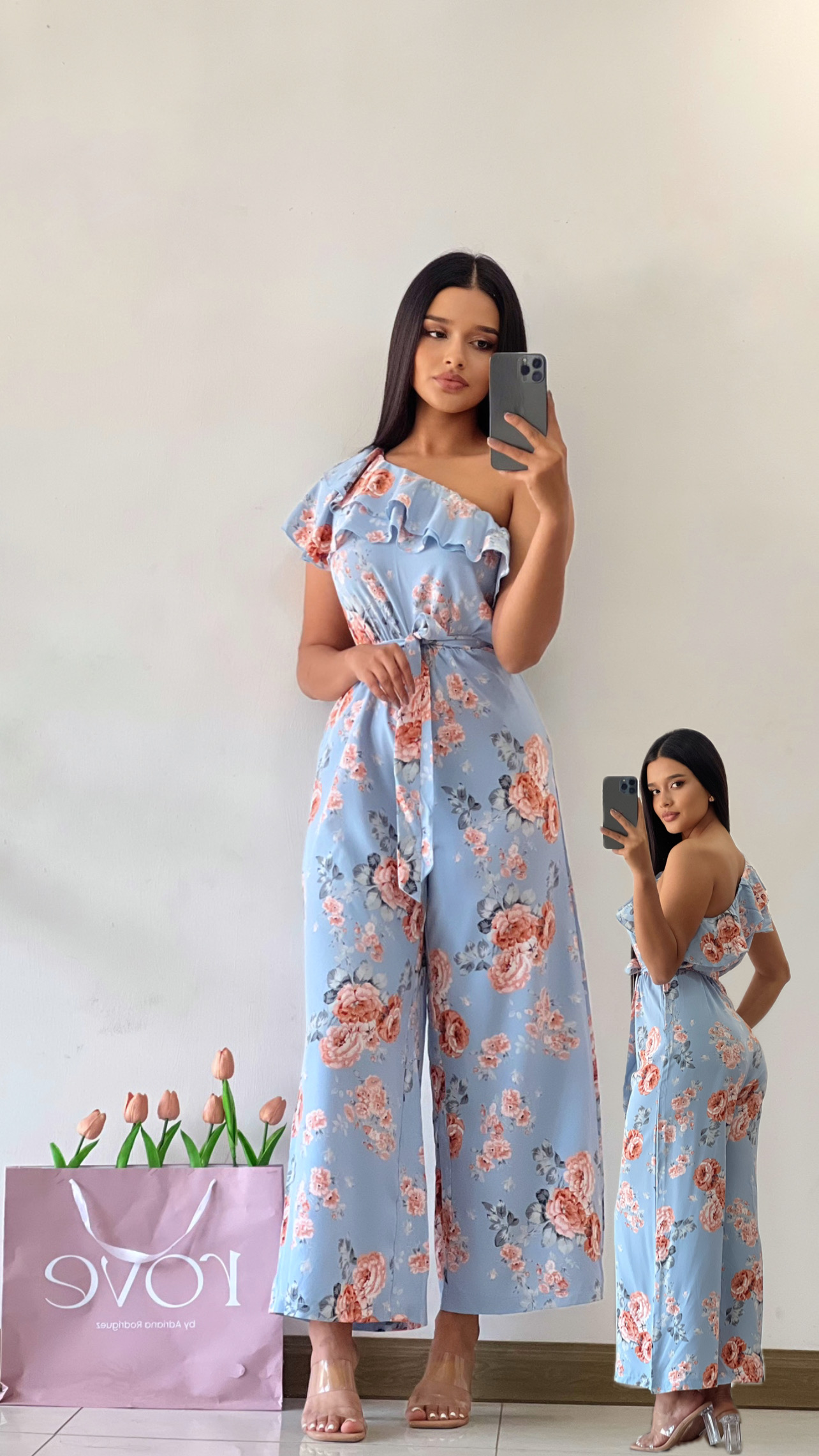 Jumpsuit de una manga con vuelos estampado