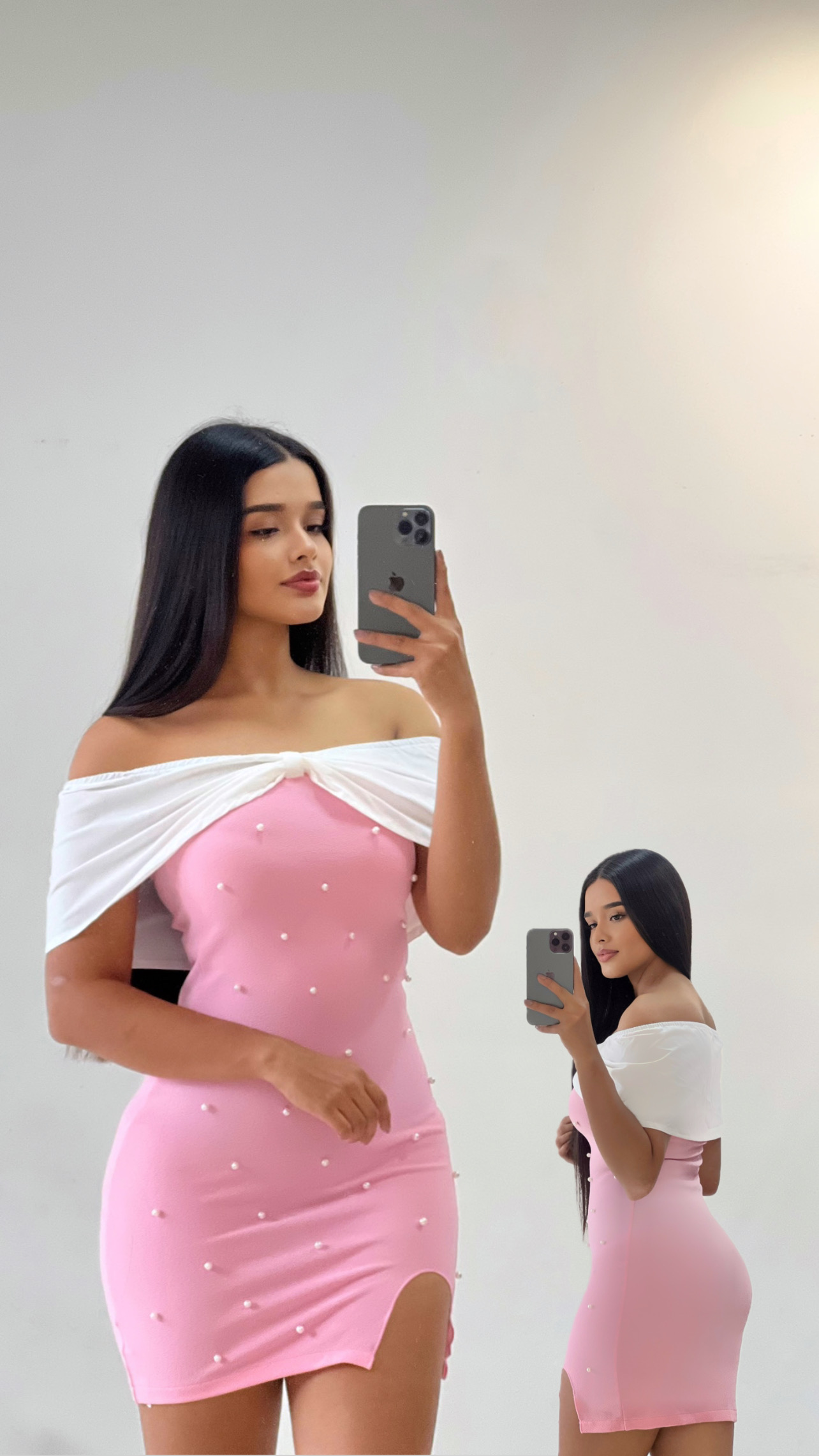 Vestido corto con perlas rosa con blanco