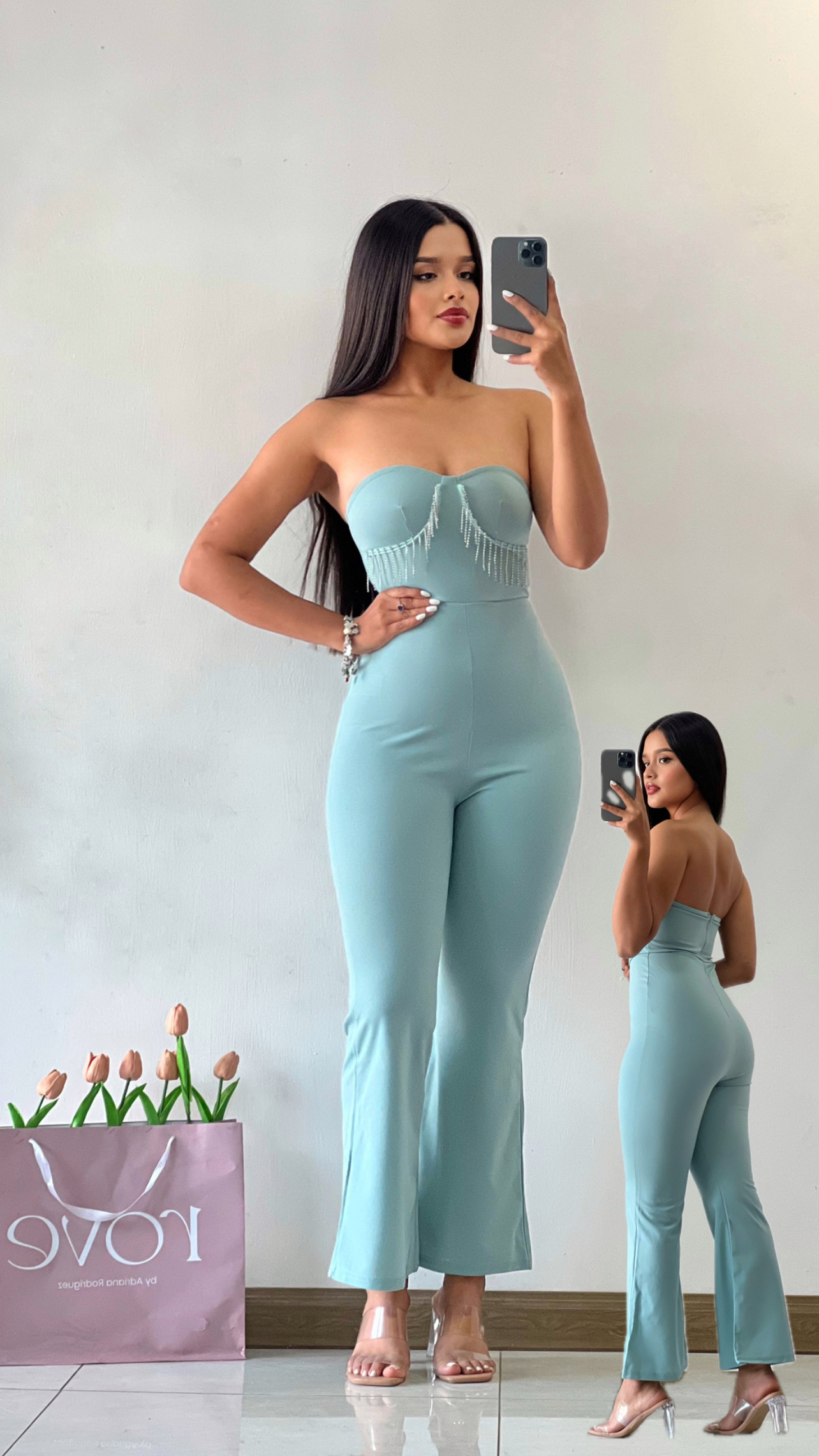 Jumpsuit strapless con cadenas verde menta