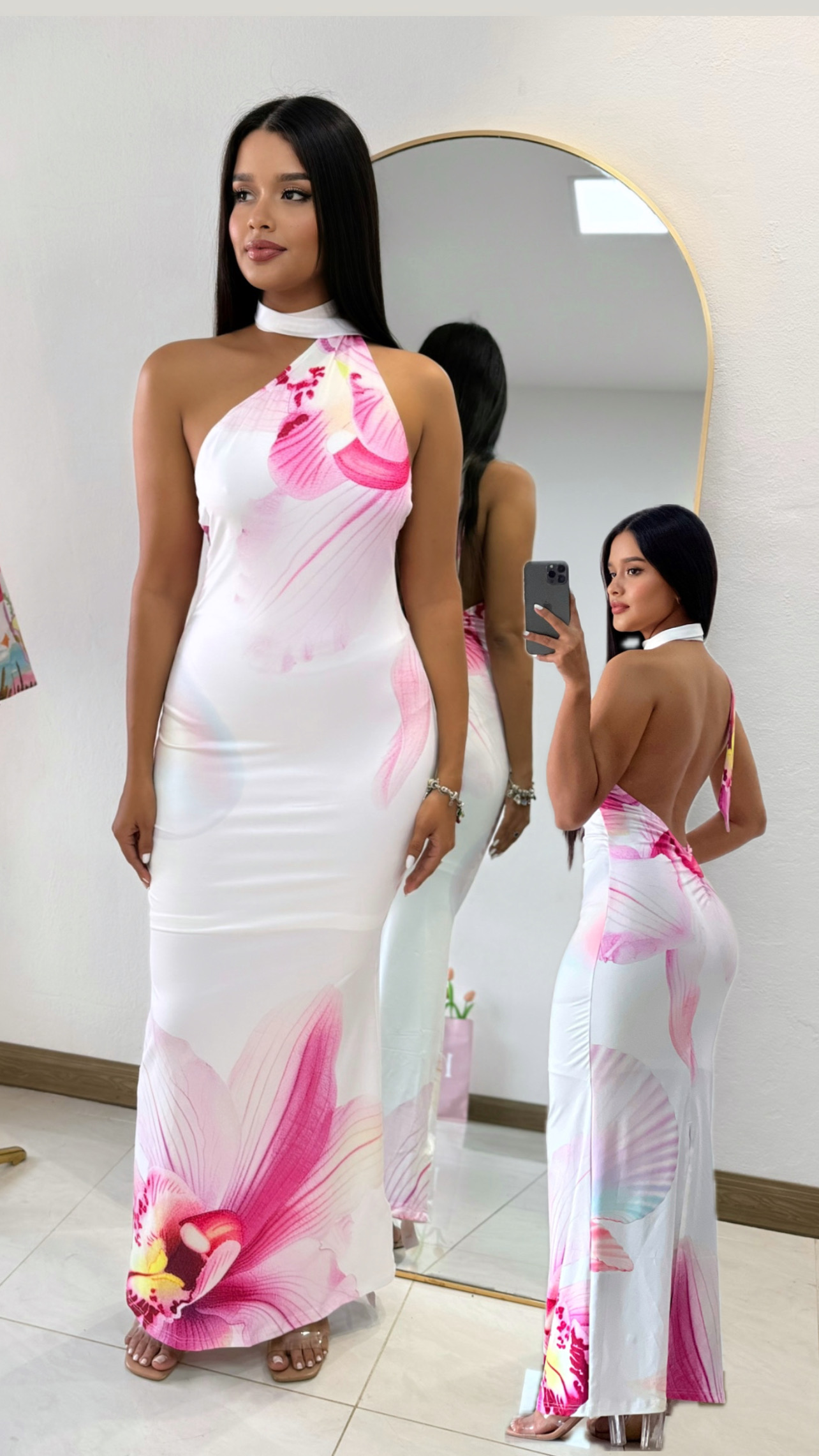 Vestido de gala blanco estampado floral