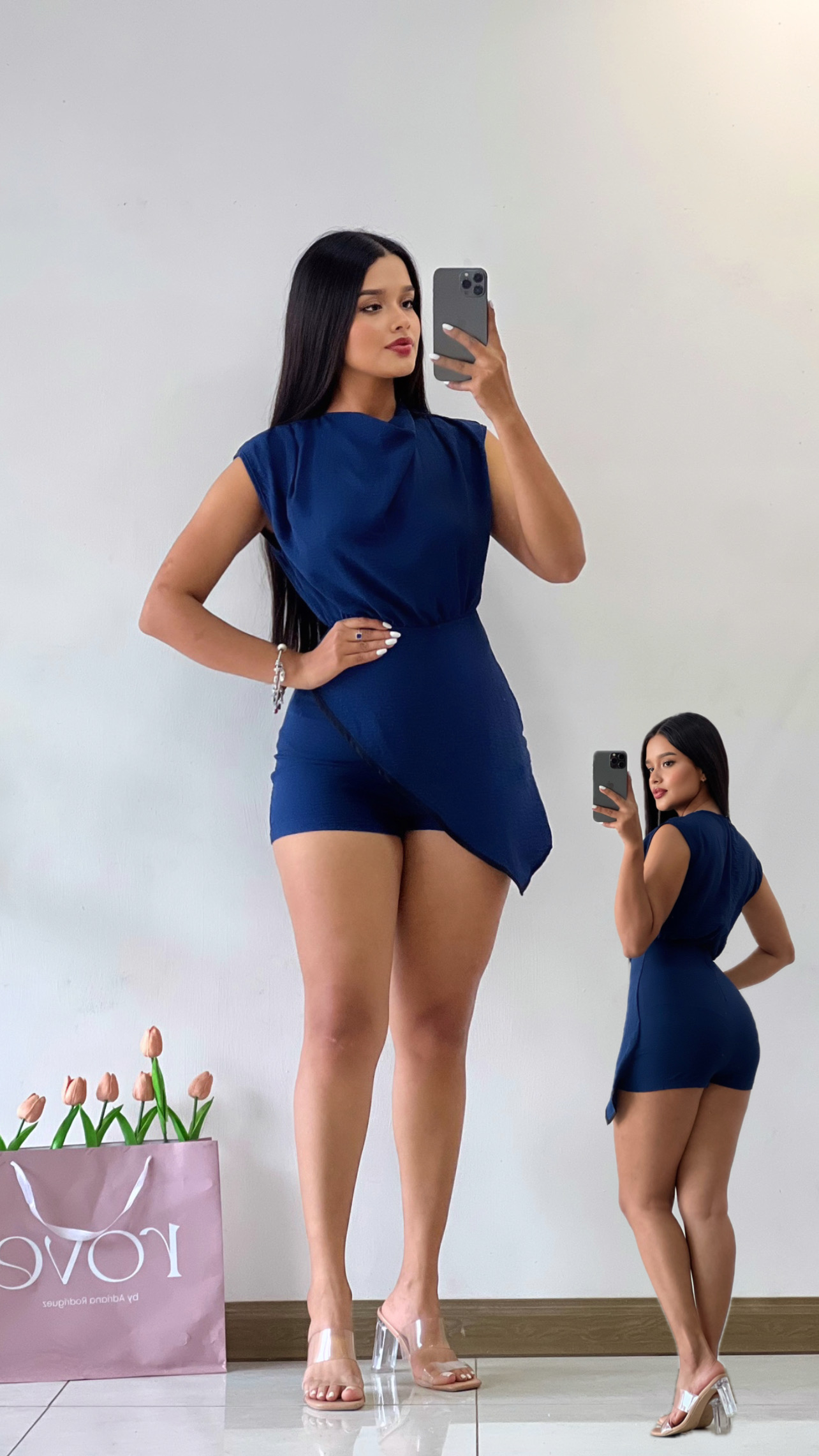 Romper traslapado azul con  lineas negras