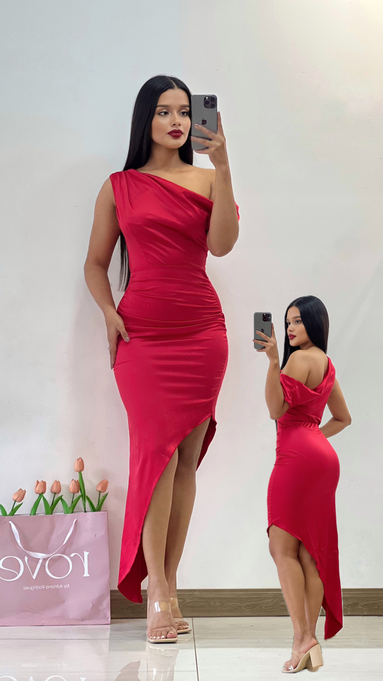 Vestido midi satén rojo