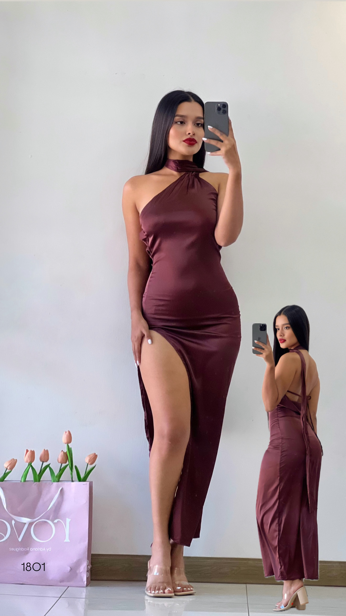 Vestido de gala con abertura cafe satén