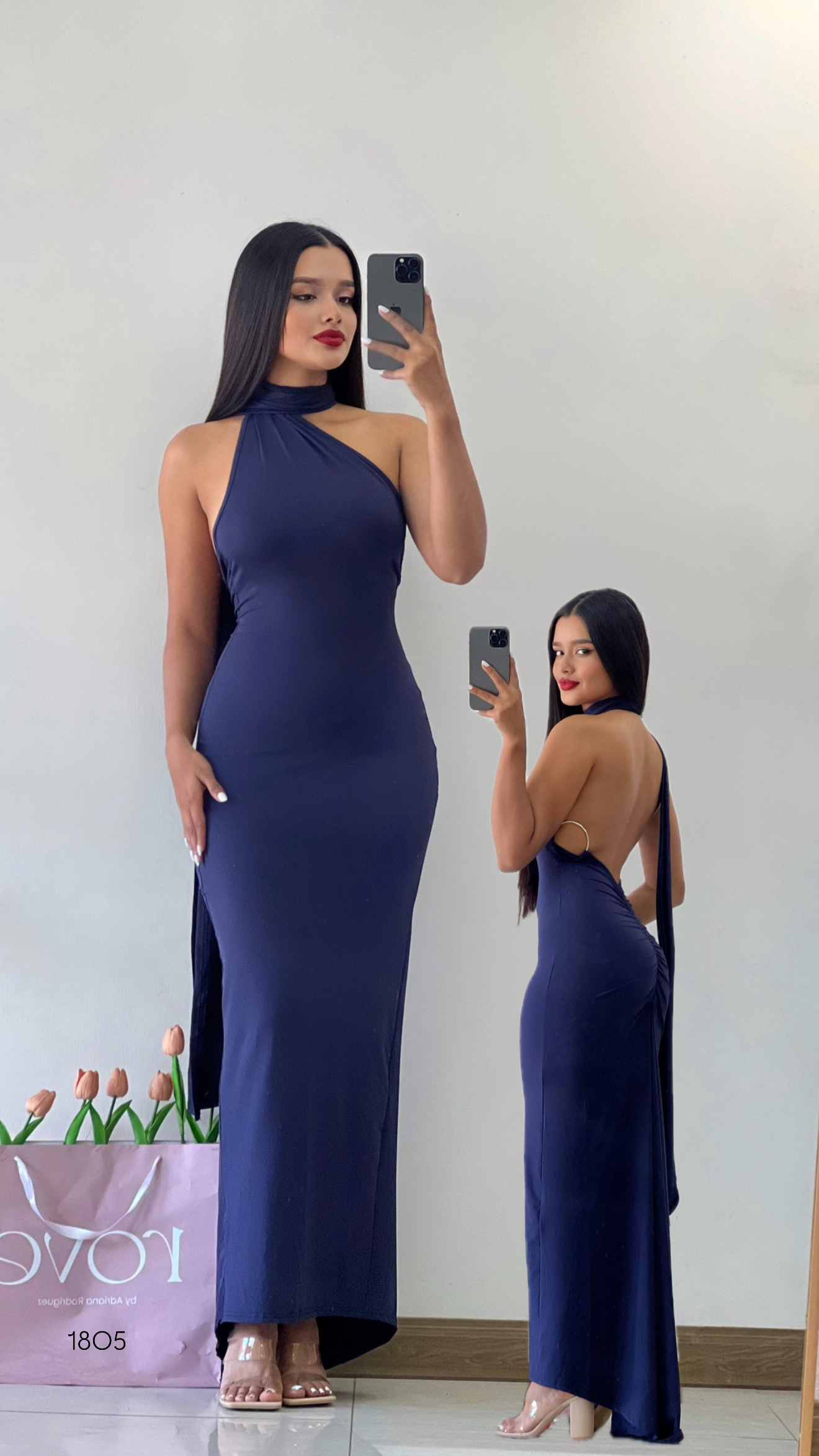 Vestido de gala espalda abierta azul oscuro