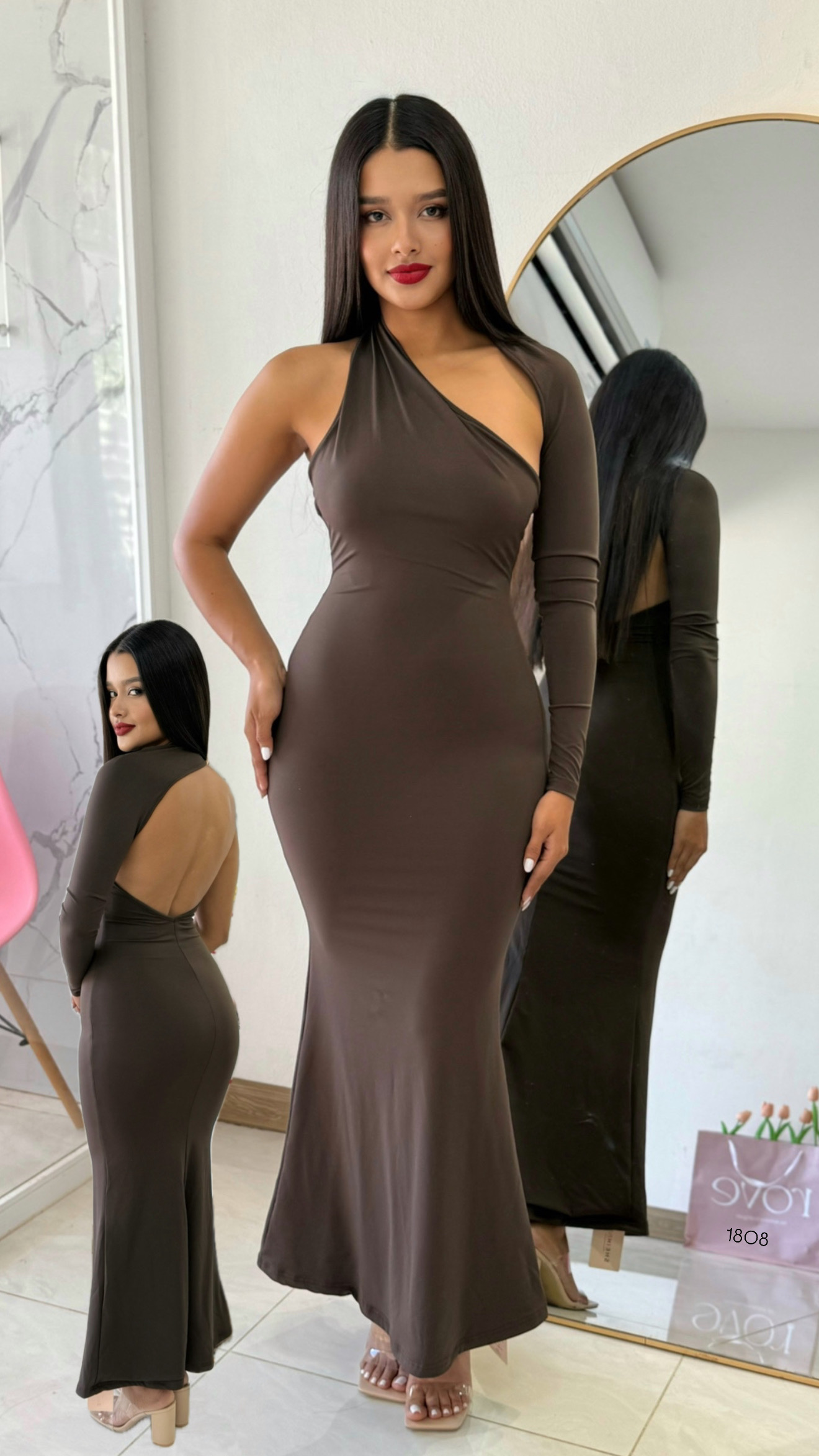 XS - Vestido de gala una manga cafe