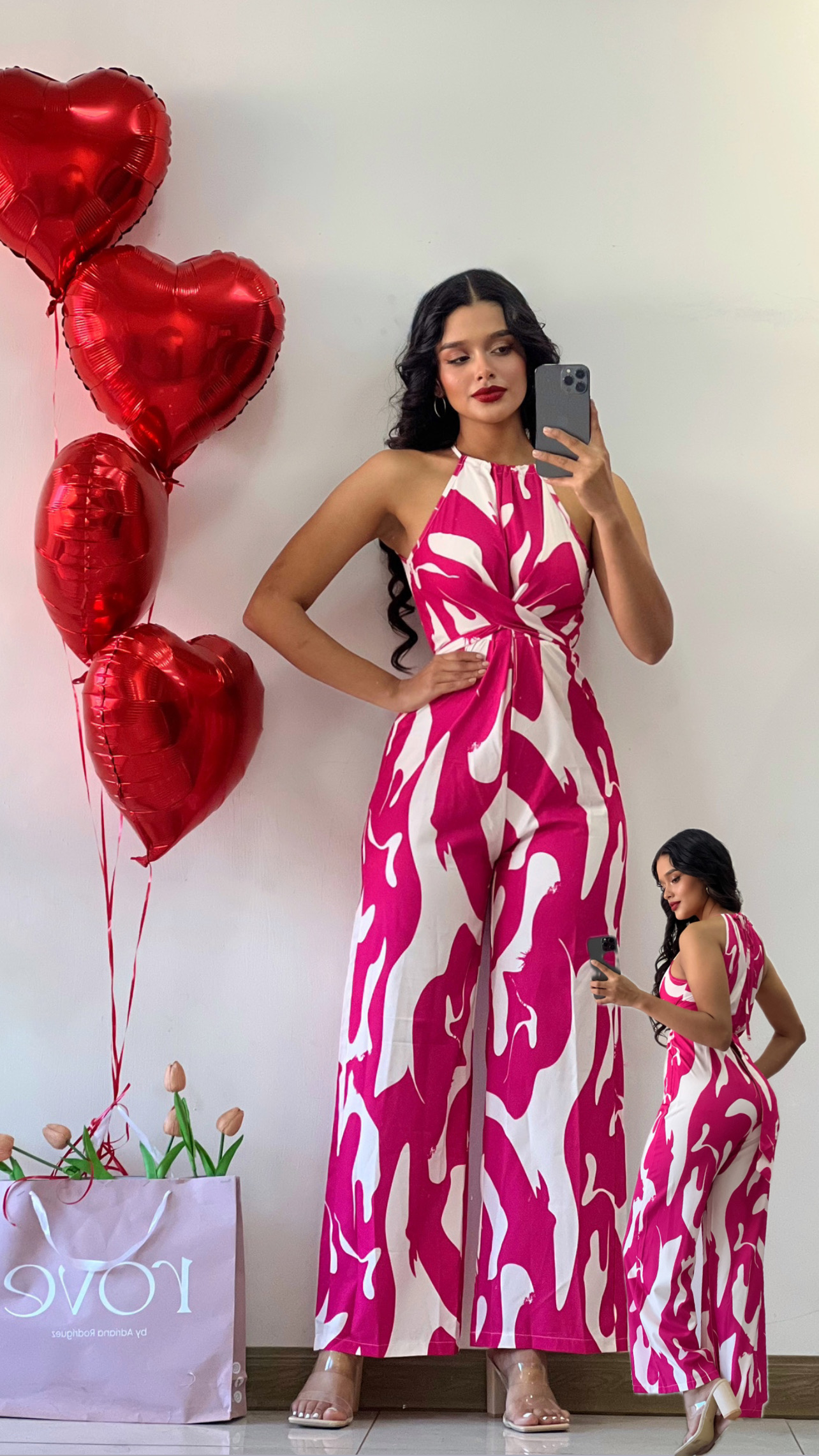 Jumpsuit rosa con blanco