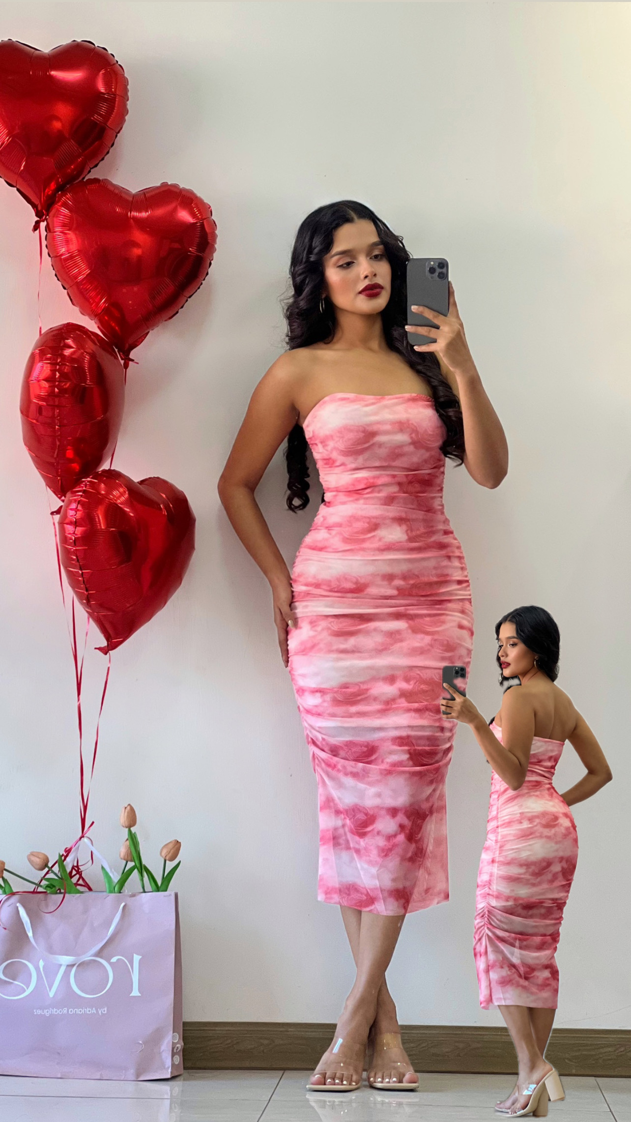 Vestido midi strapless estampado