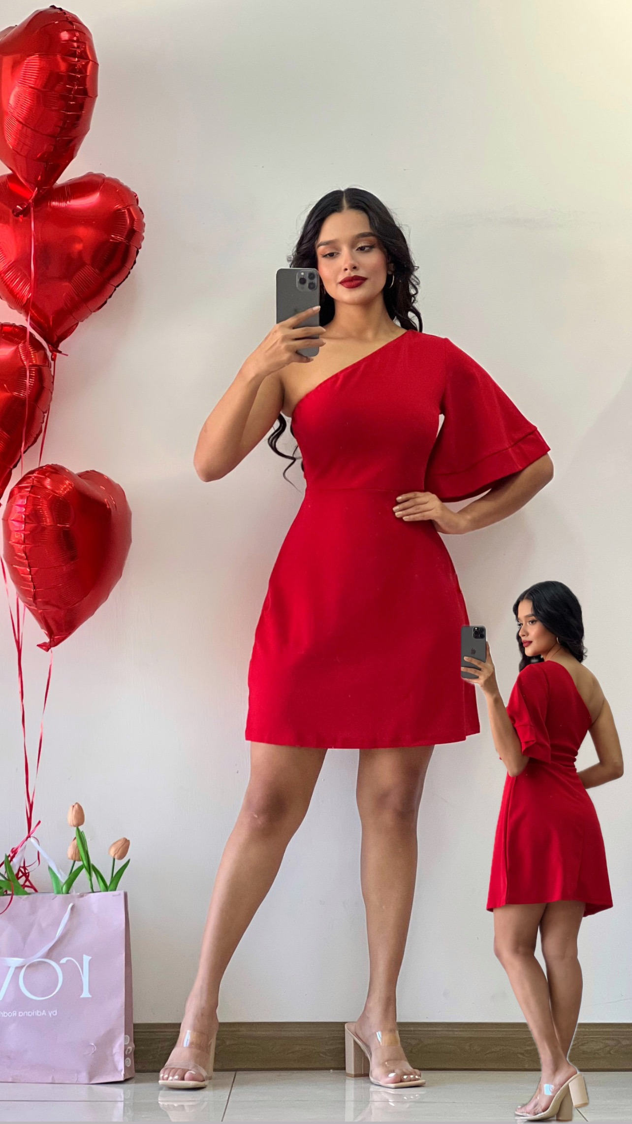 Vestido corto de una manga rojo