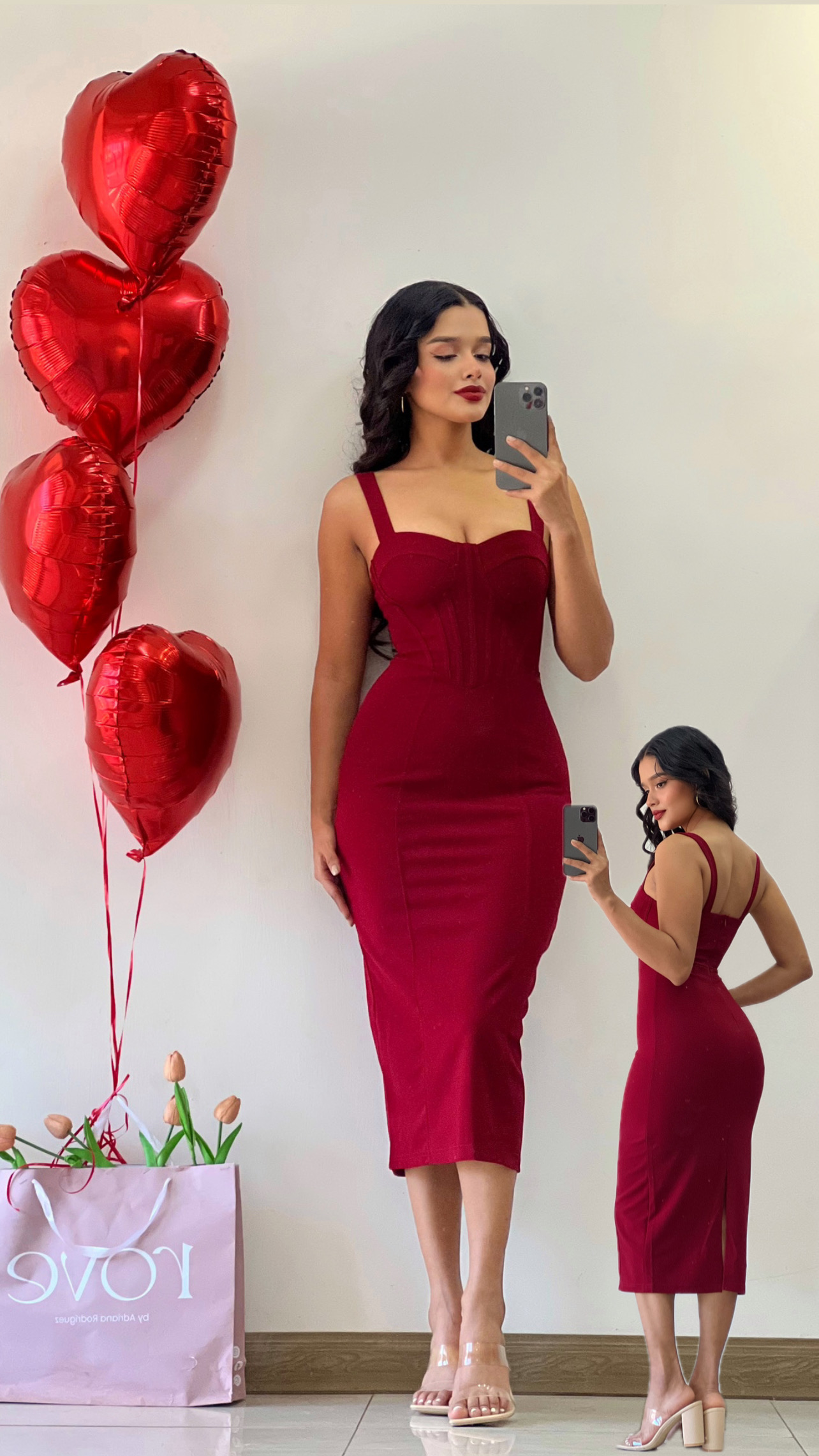 Vestido midi estilo corsé rojo vino