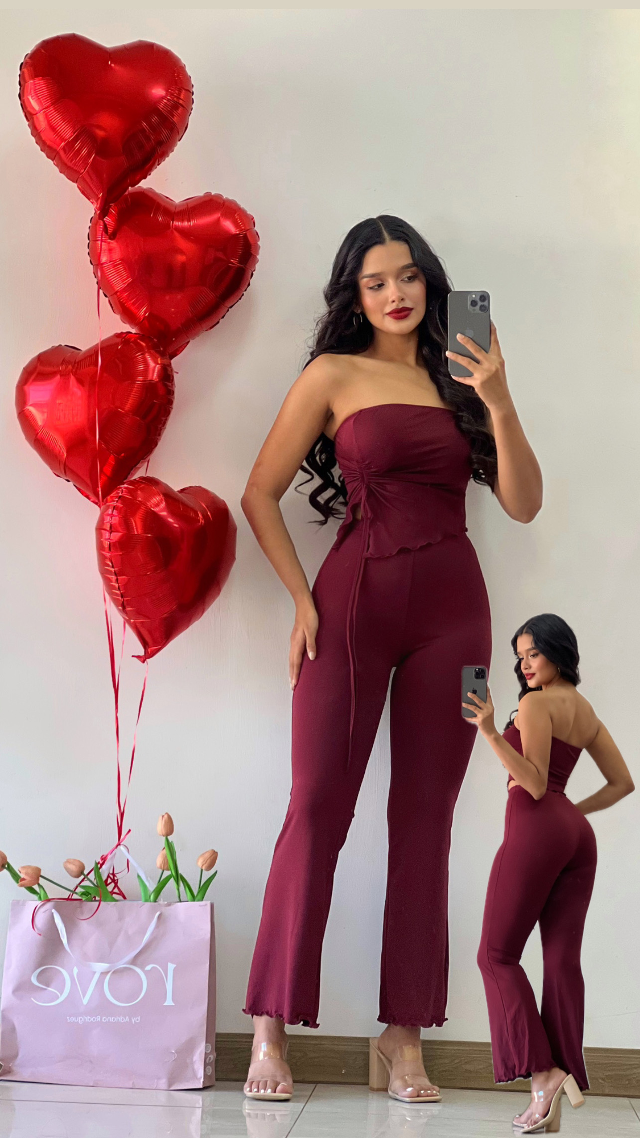 Conjunto rojo vino de pant + top strapless