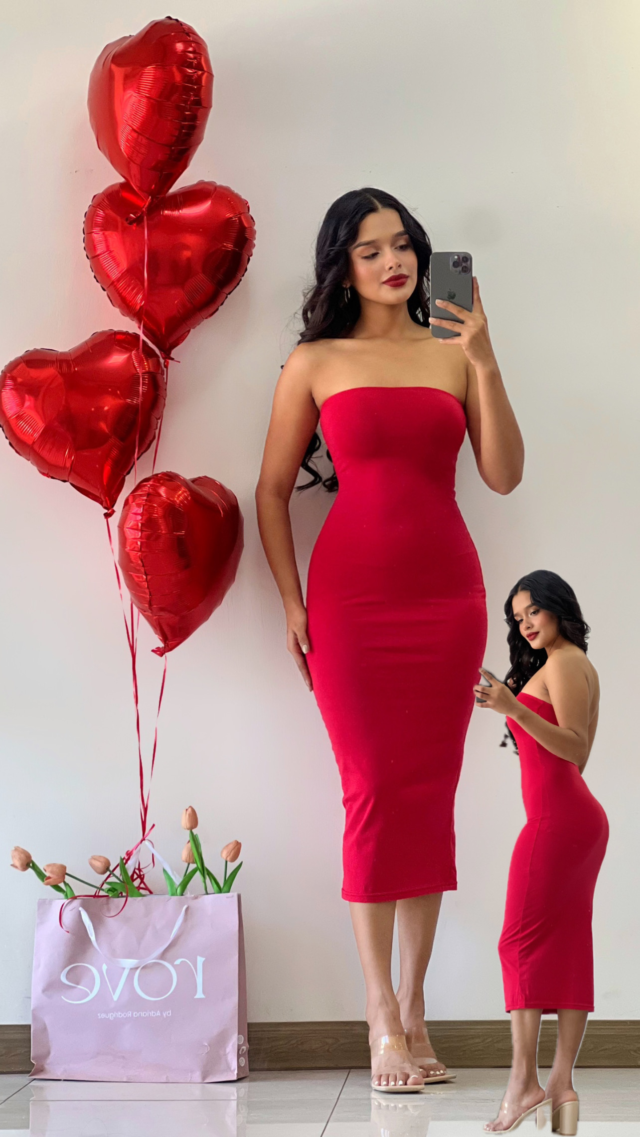 Vestido midi strapless rojo lápiz