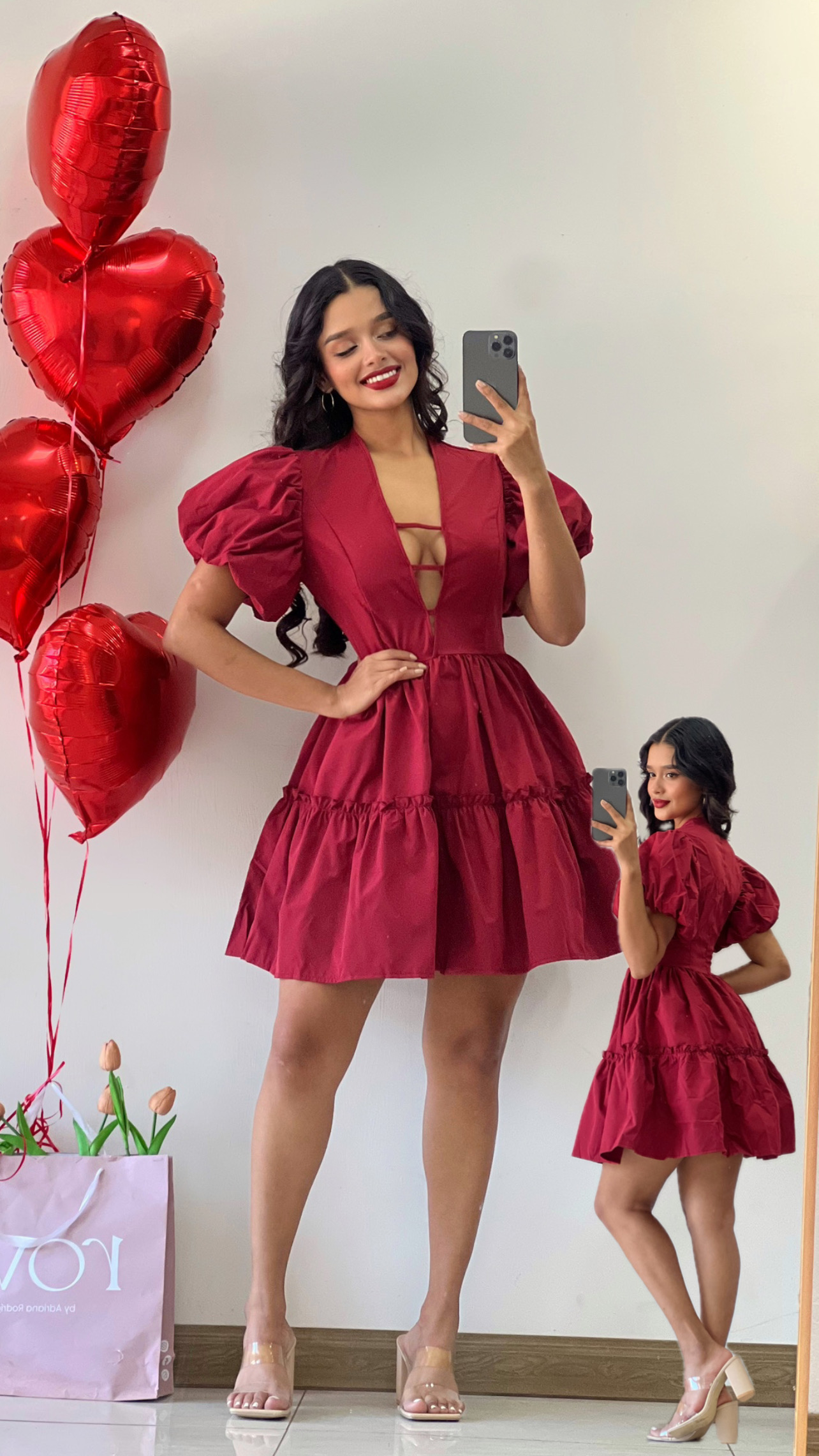 Vestido corto rojo vino empopado