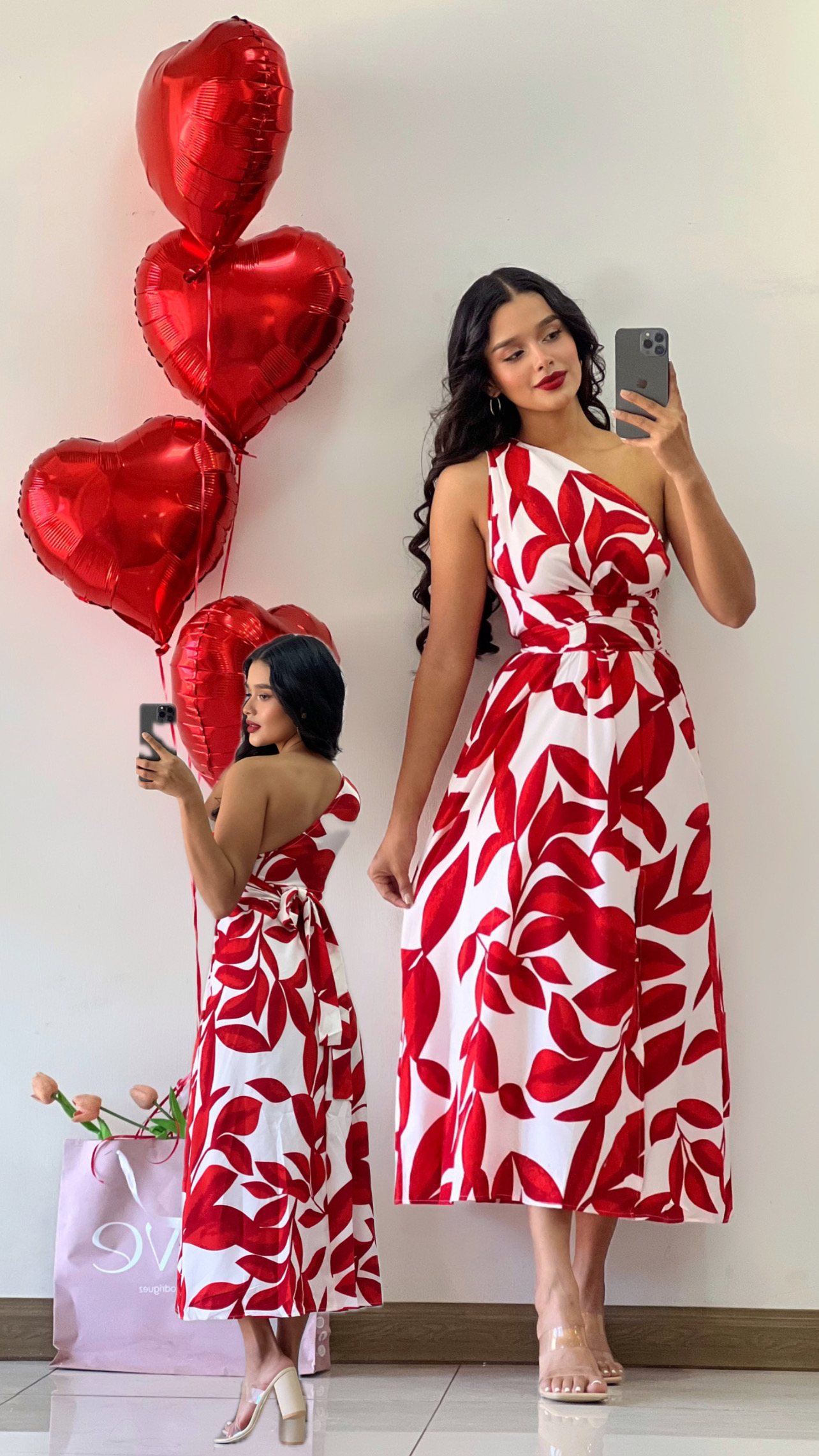 Vestido midi estampado rojo con blanco