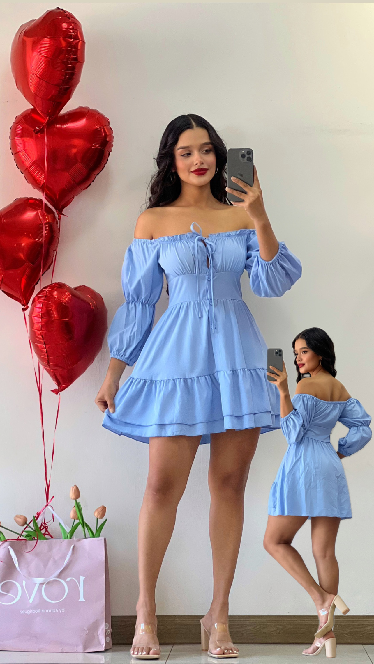 Vestido corto manga larga celeste