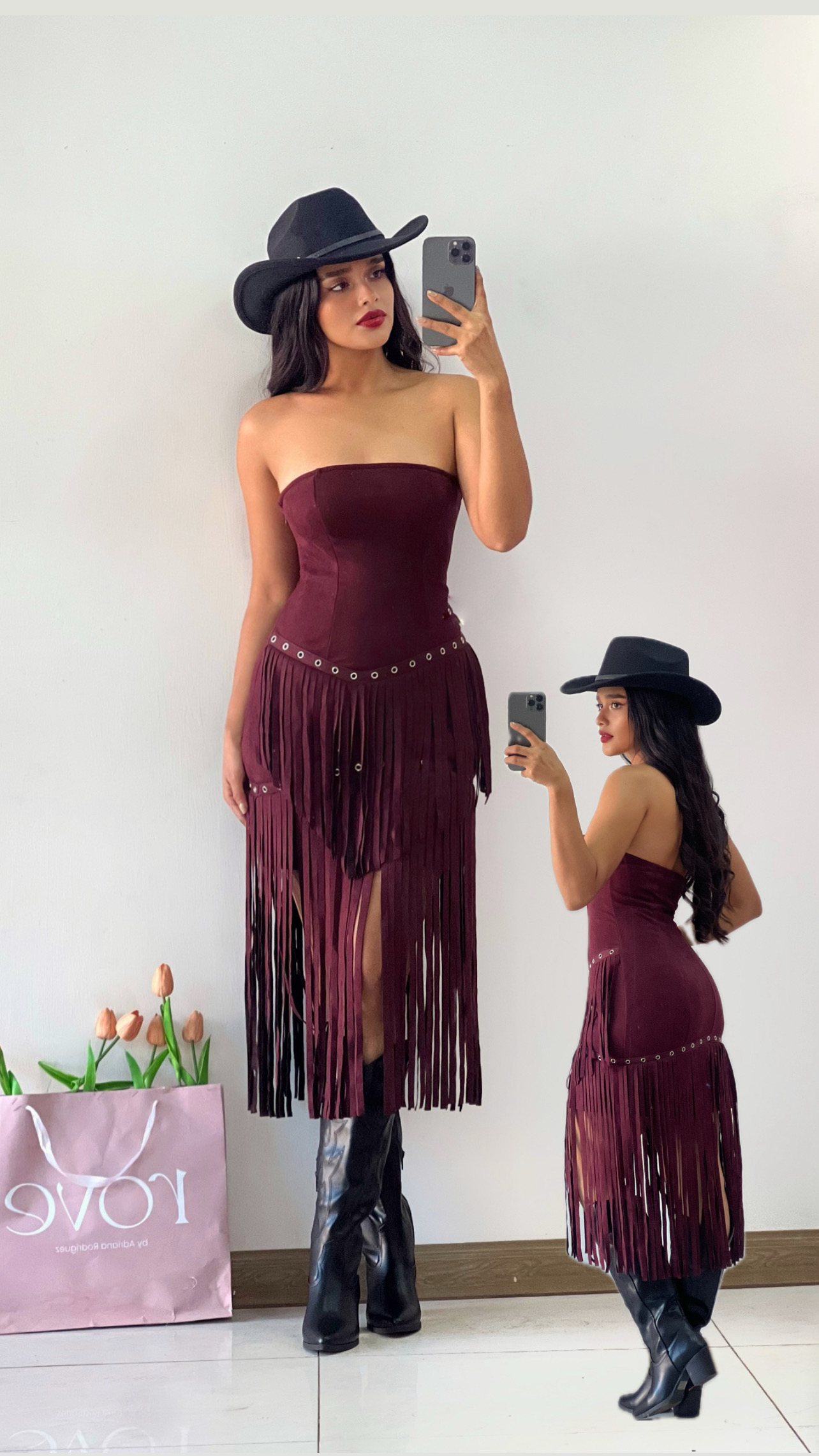Vestido midi cowgirl rojo vino