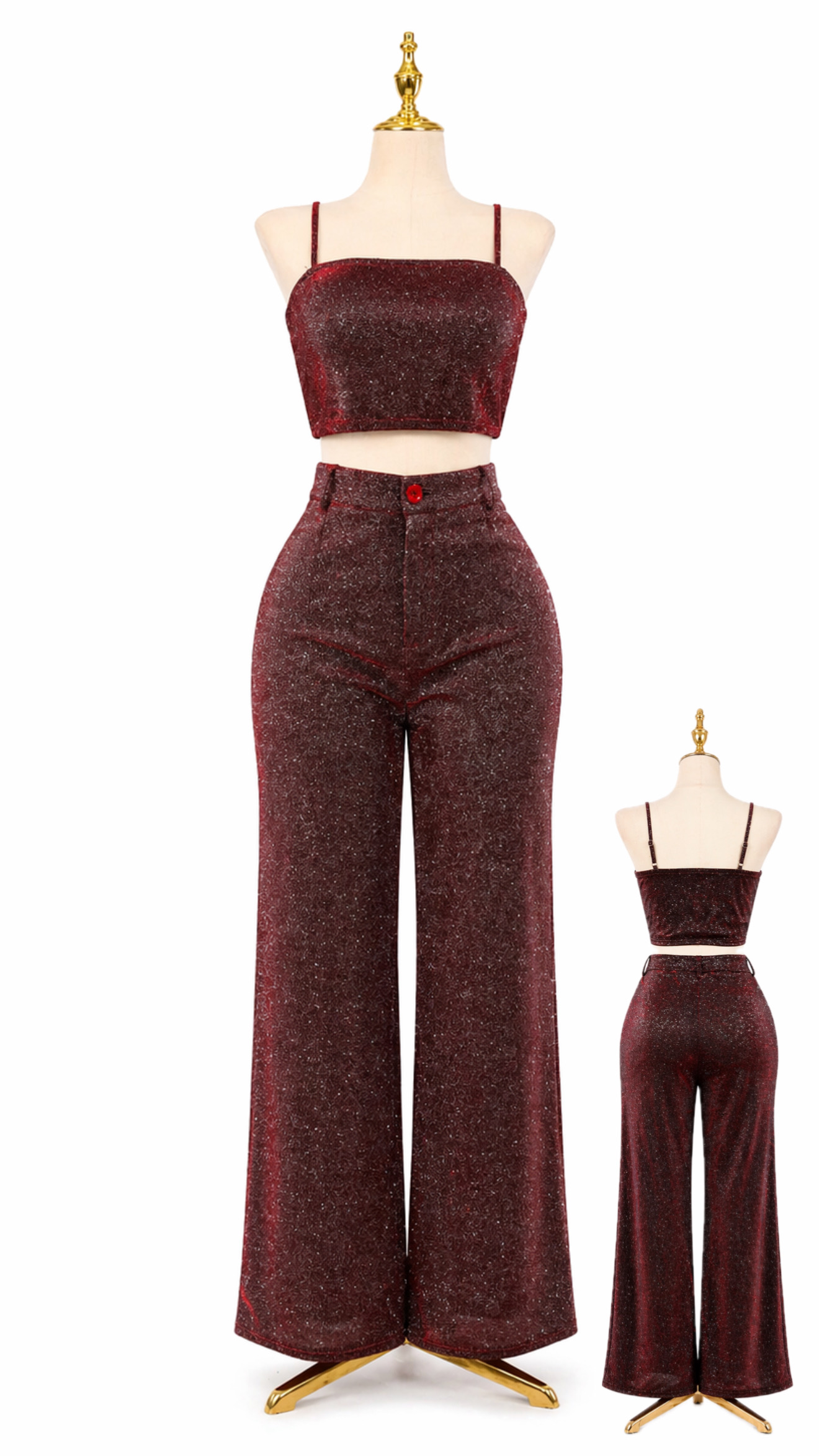 Conjunto Pantalón + Top Brillos - Rojo Vino - Talla XL