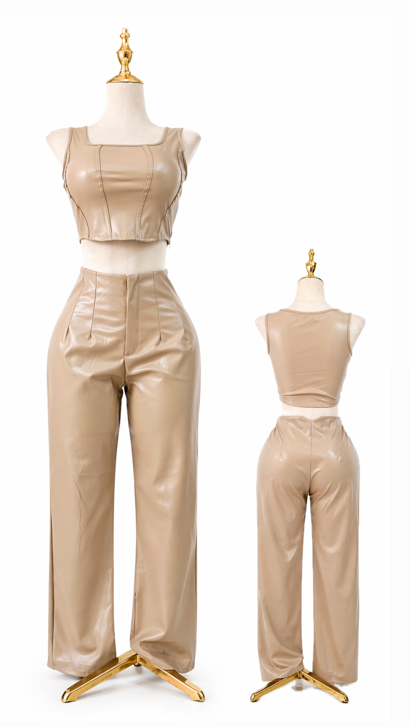 Conjunto Pantalón + Top Cuerina - Caqui - Talla L