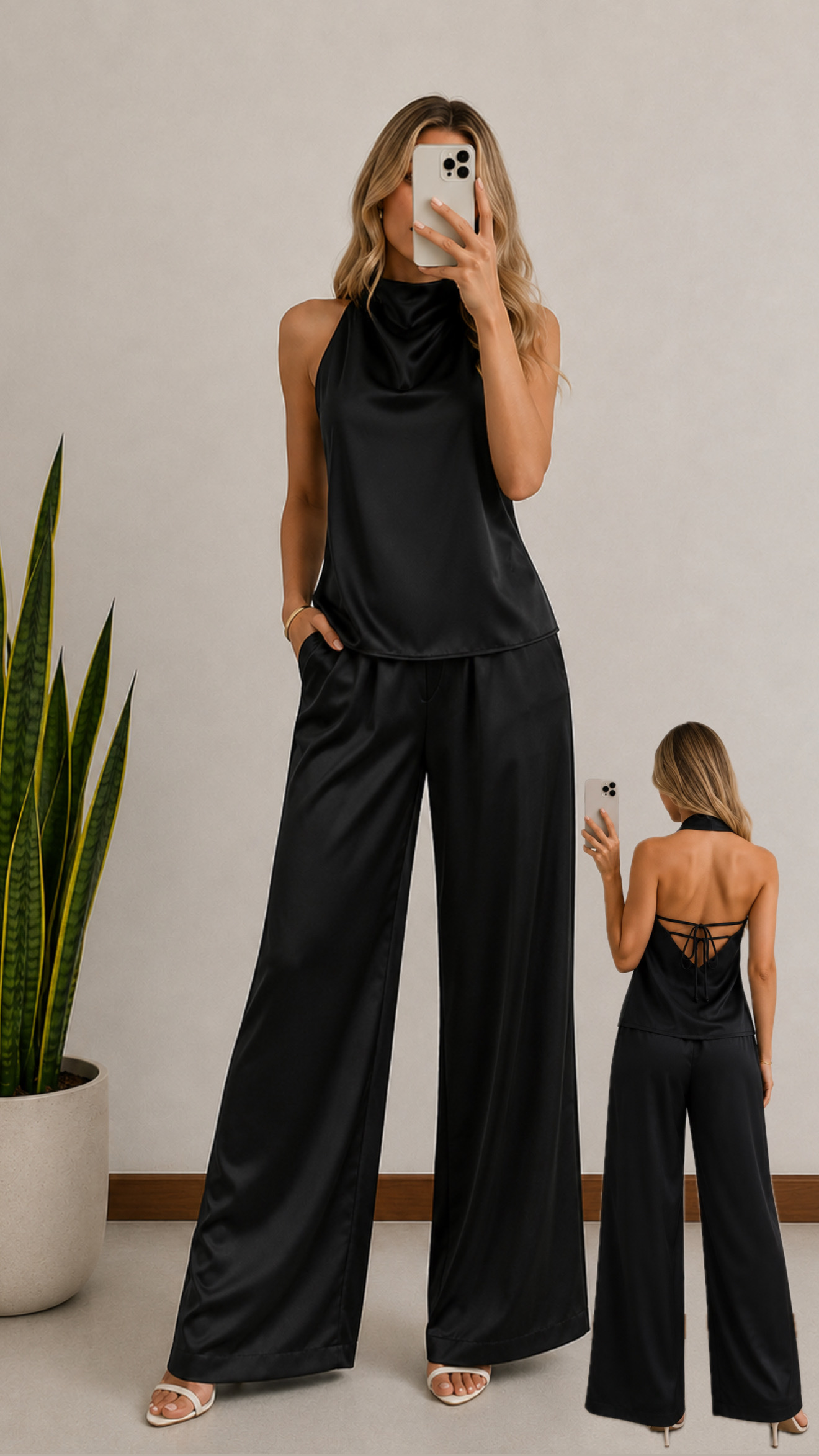 Conjunto saten de blusa y pant negro