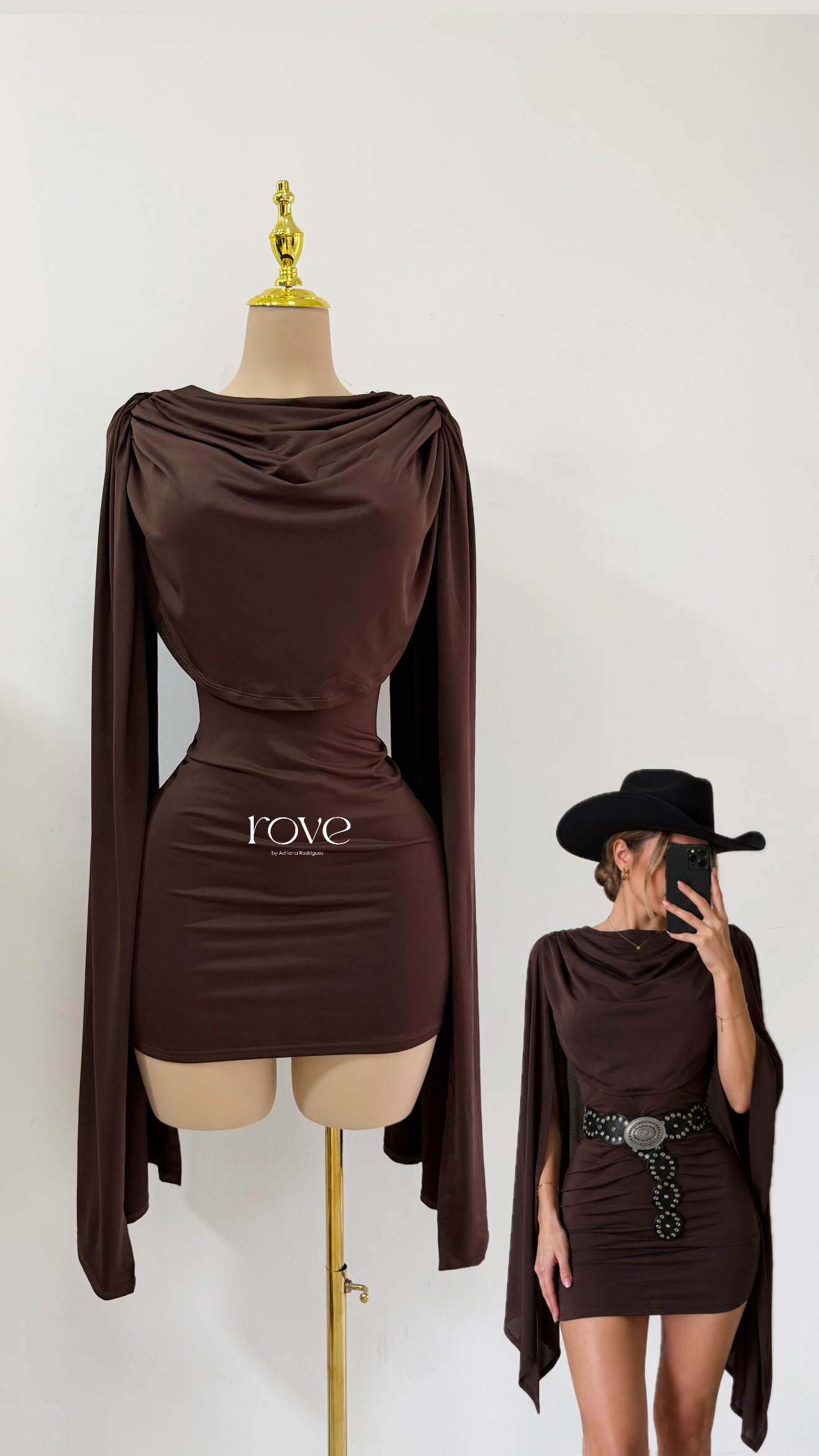 Vestido corto con capa café