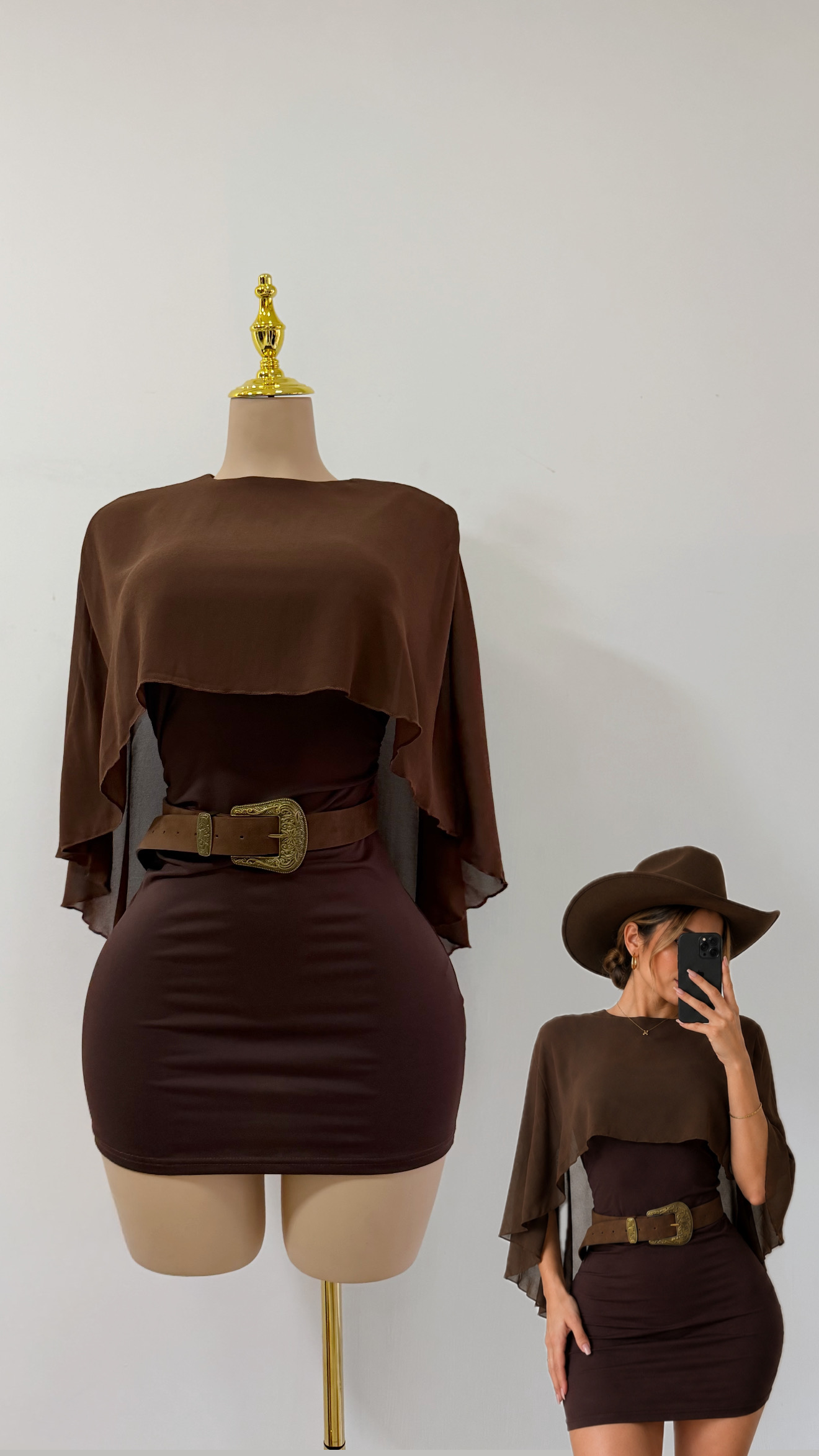 Vestido corto con chal café